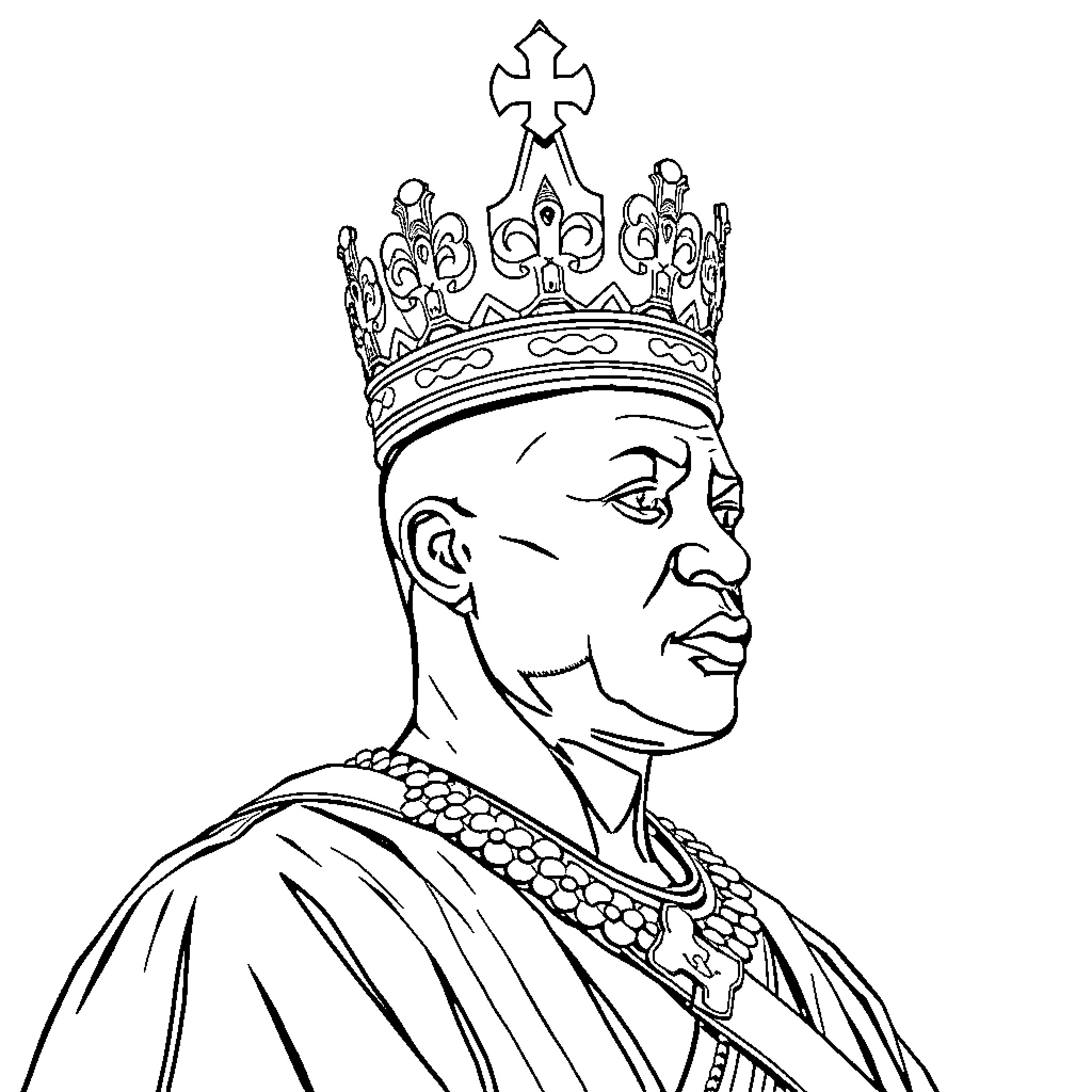 King Wearing Ornate Crown and Robe Coloring Page (free black-and-white line drawing printable PDF for all, from beginners to advanced learners, including children, teens, adults, and seniors)