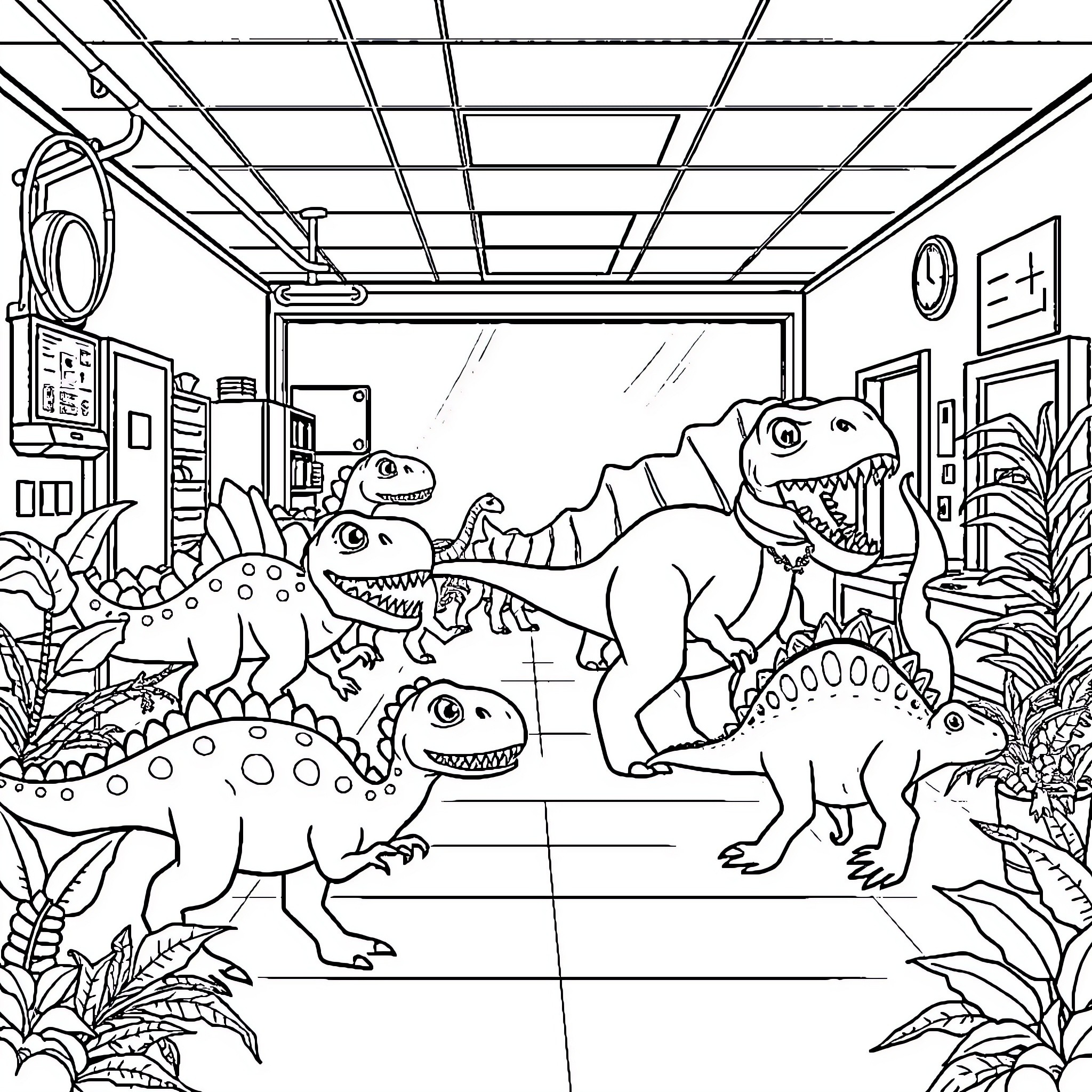 Dinosaurs Exploring the Classroom Coloring Page (free black-and-white line drawing printable PDF for all, from beginners to advanced learners, including children, teens, adults, and seniors)