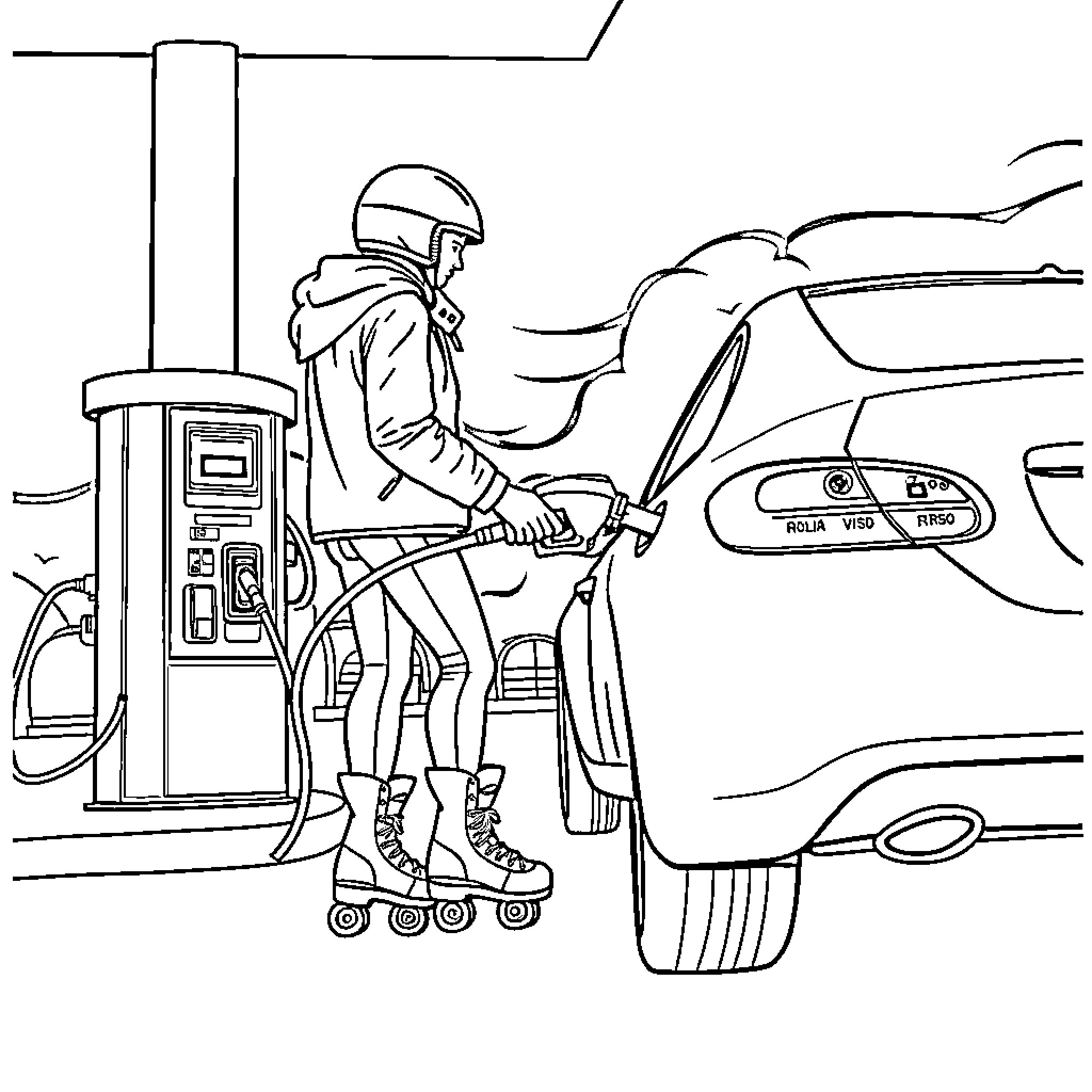 Rollerskate refueling at gas station Coloring Page (free black-and-white line drawing printable PDF for all, from beginners to advanced learners, including children, teens, adults, and seniors)