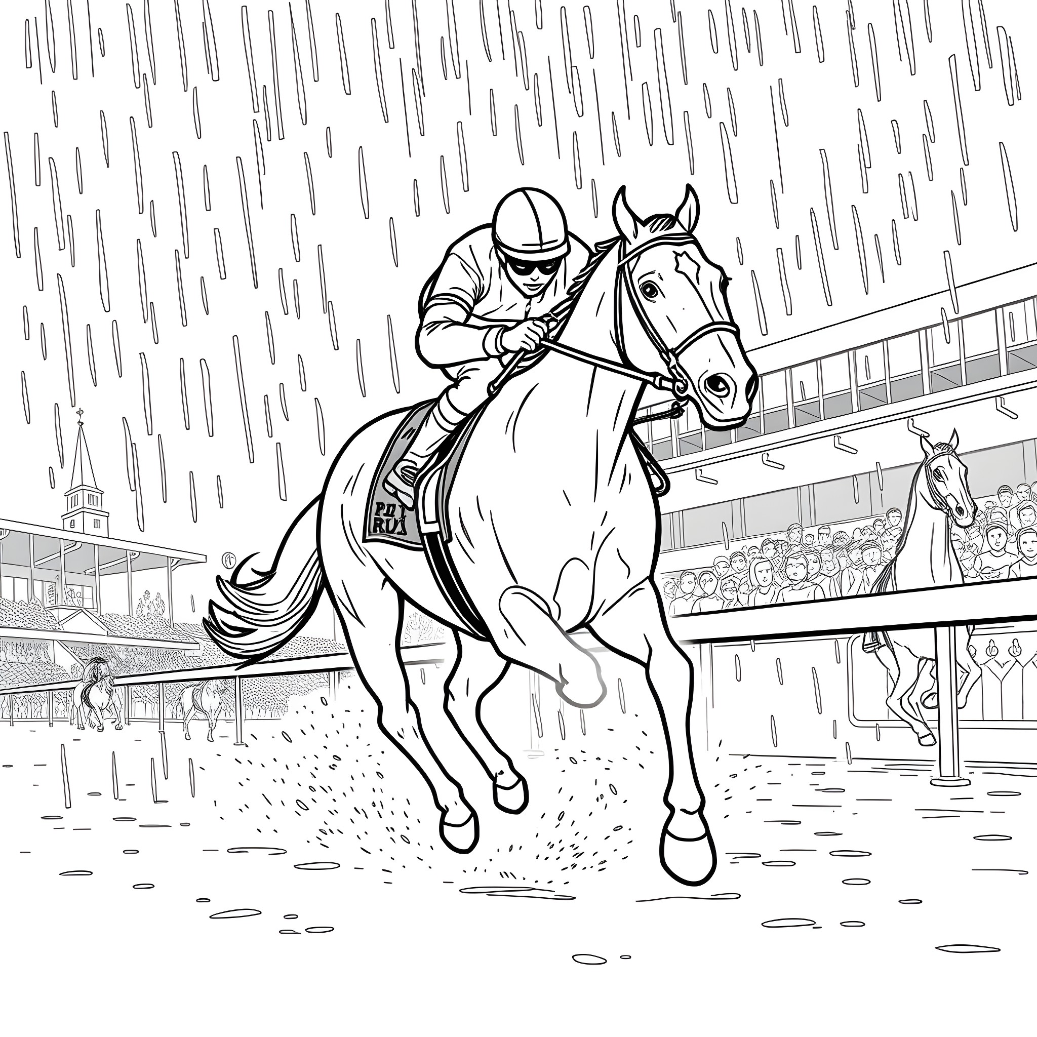 Horse Racing in the Rain Coloring Page (free black-and-white line drawing printable PDF for all, from beginners to advanced learners, including children, teens, adults, and seniors)