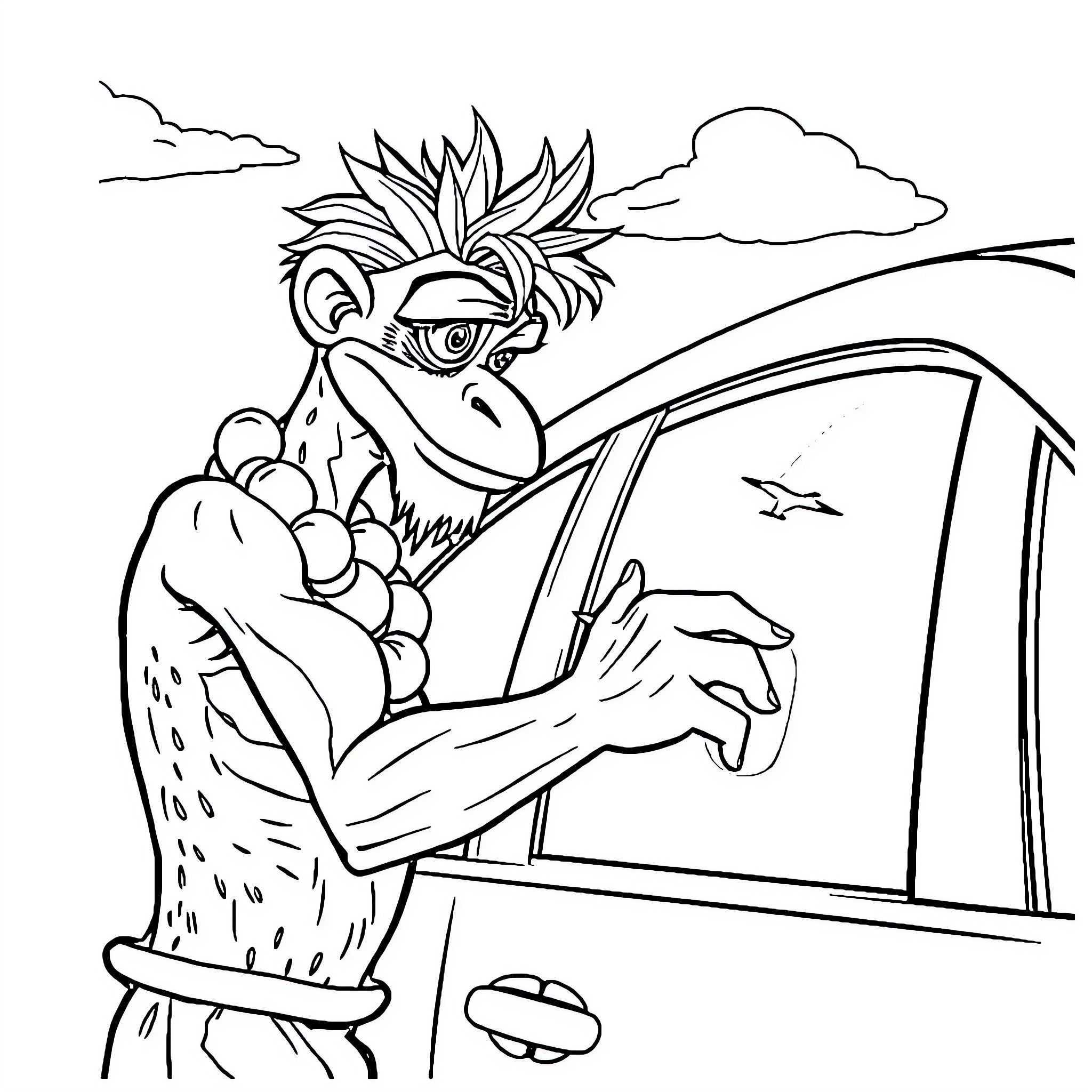 Maui driving a car on the road Coloring Page (free black-and-white line drawing printable PDF for all, from beginners to advanced learners, including children, teens, adults, and seniors)