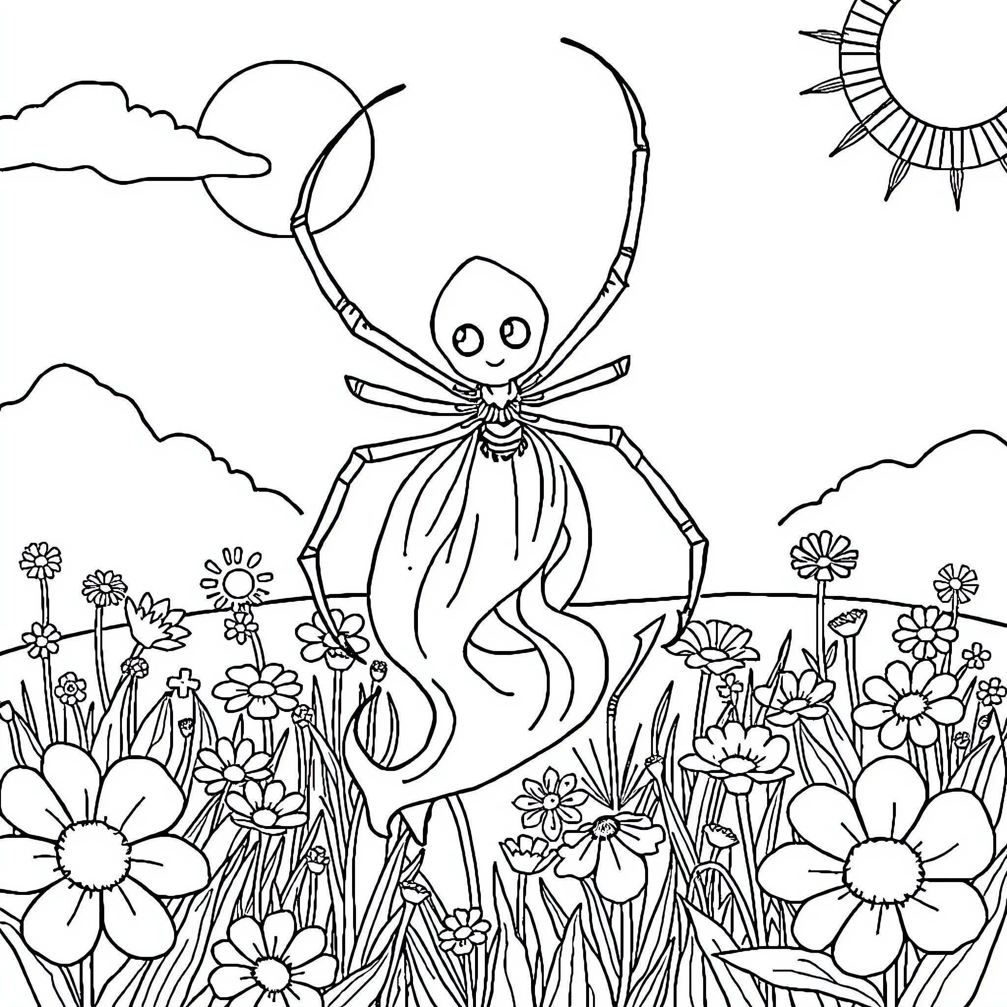 Ghostspider exploring a vibrant floral landscape Coloring Page (free black-and-white line drawing printable PDF for all, from beginners to advanced learners, including children, teens, adults, and seniors)