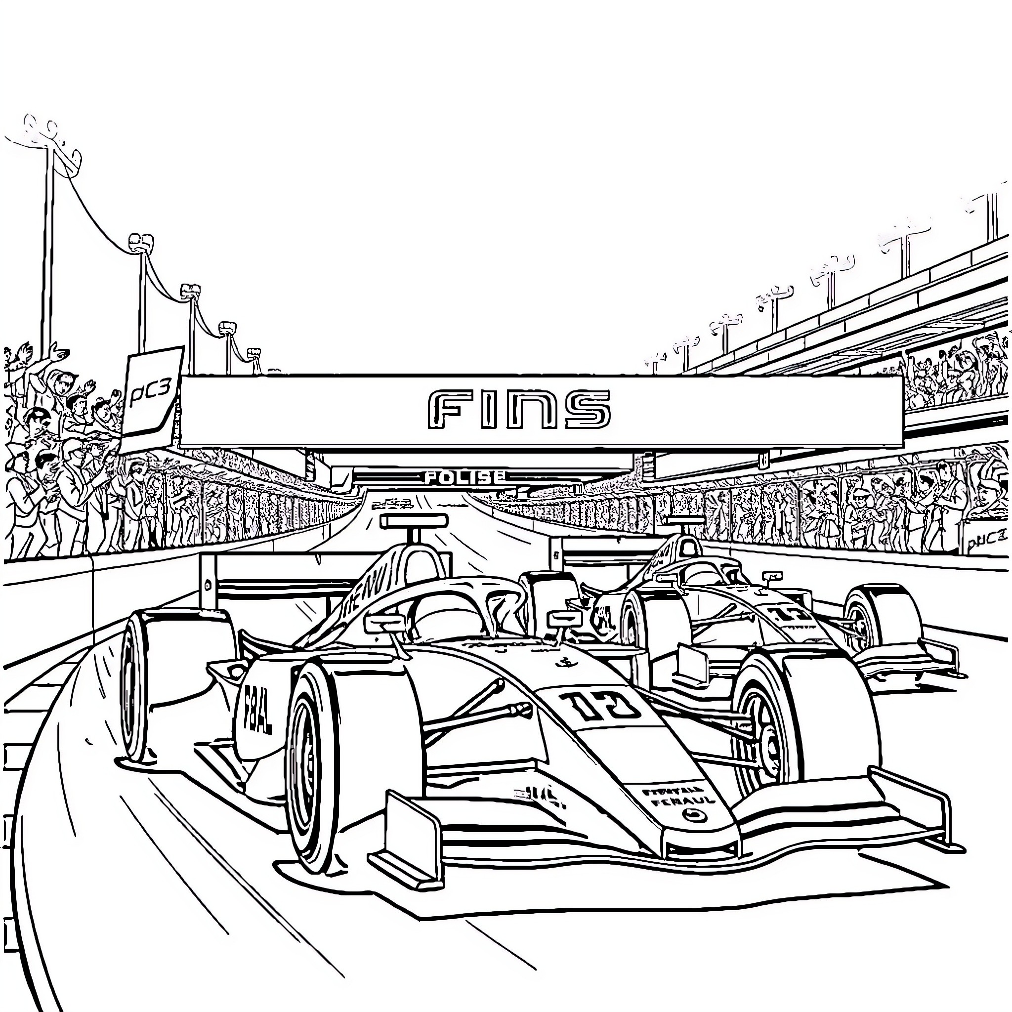 Formula One Racing Cars on the Circuit Coloring Page (free black-and-white line drawing printable PDF for all, from beginners to advanced learners, including children, teens, adults, and seniors)