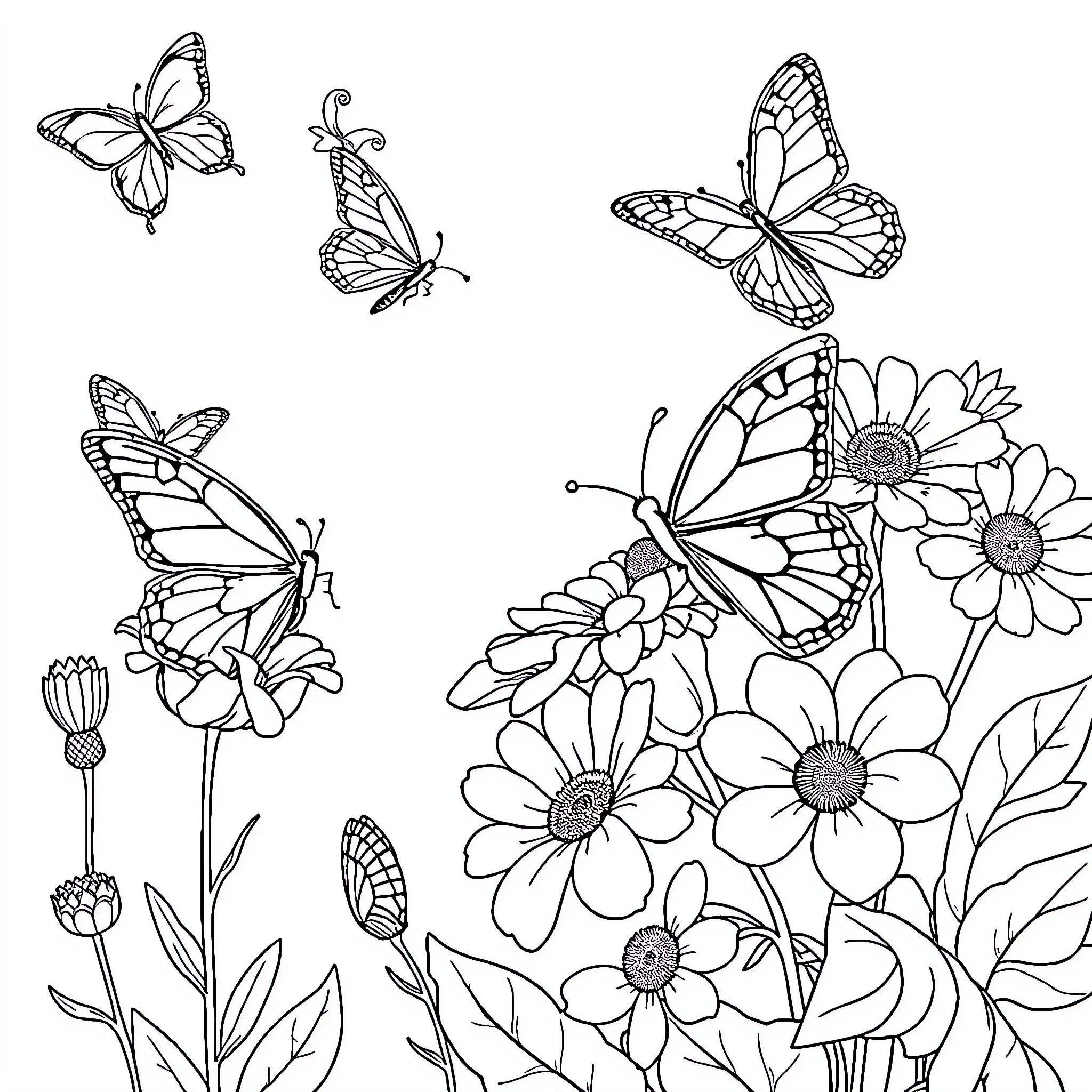 Butterfly-themed floral scene with flowers and butterflies Coloring Page (free black-and-white line drawing printable PDF for all, from beginners to advanced learners, including children, teens, adults, and seniors)