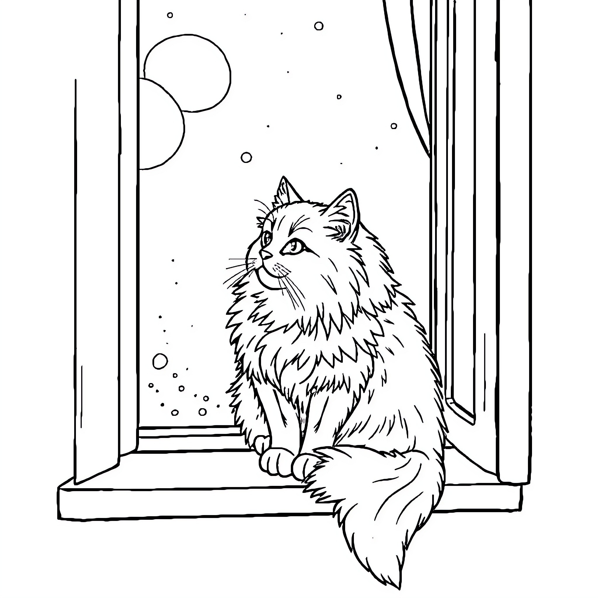 Cat gazing out the window at night Coloring Page (free black-and-white line drawing printable PDF for all, from beginners to advanced learners, including children, teens, adults, and seniors)