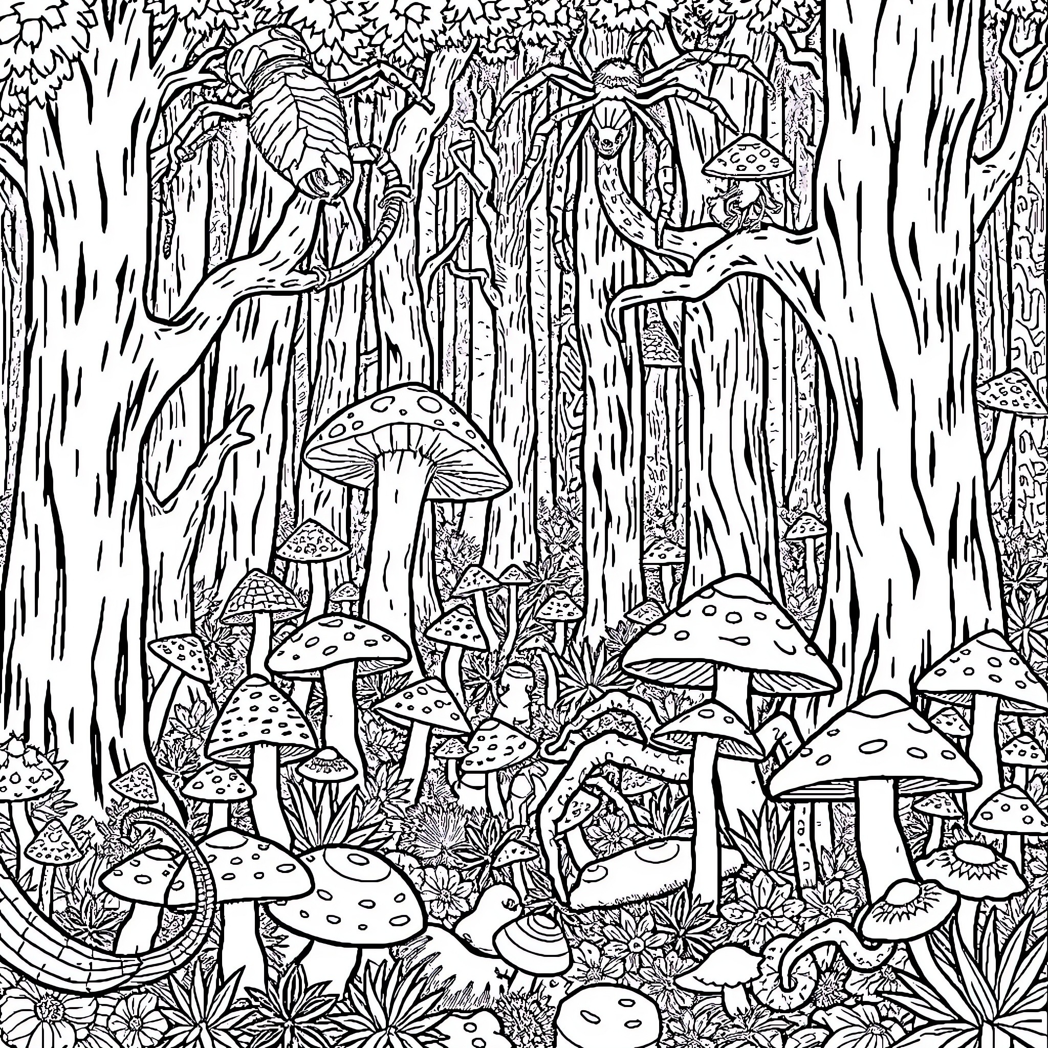 Mushroom Wonderland with Fantastical Creatures Coloring Page (free black-and-white line drawing printable PDF for all, from beginners to advanced learners, including children, teens, adults, and seniors)