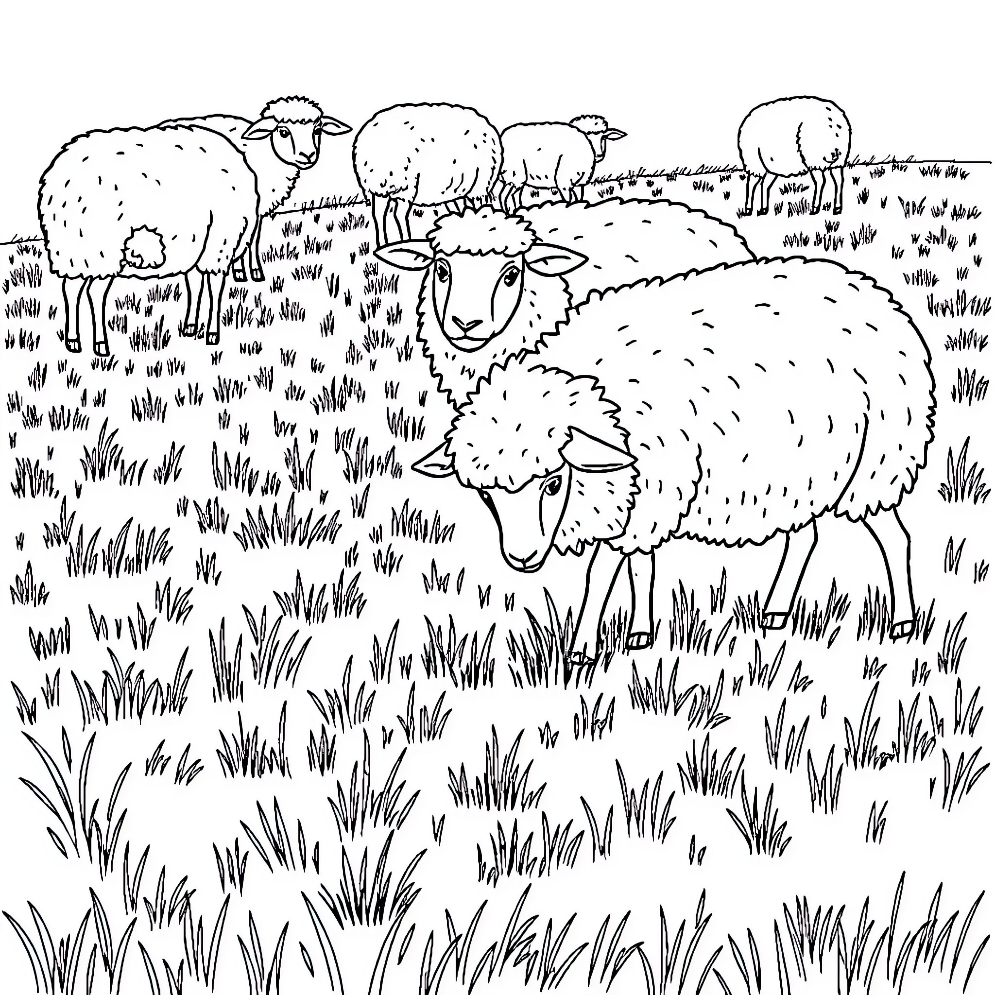 Sheep Grazing Peacefully in a Grassy Field Coloring Page (free black-and-white line drawing printable PDF for all, from beginners to advanced learners, including children, teens, adults, and seniors)