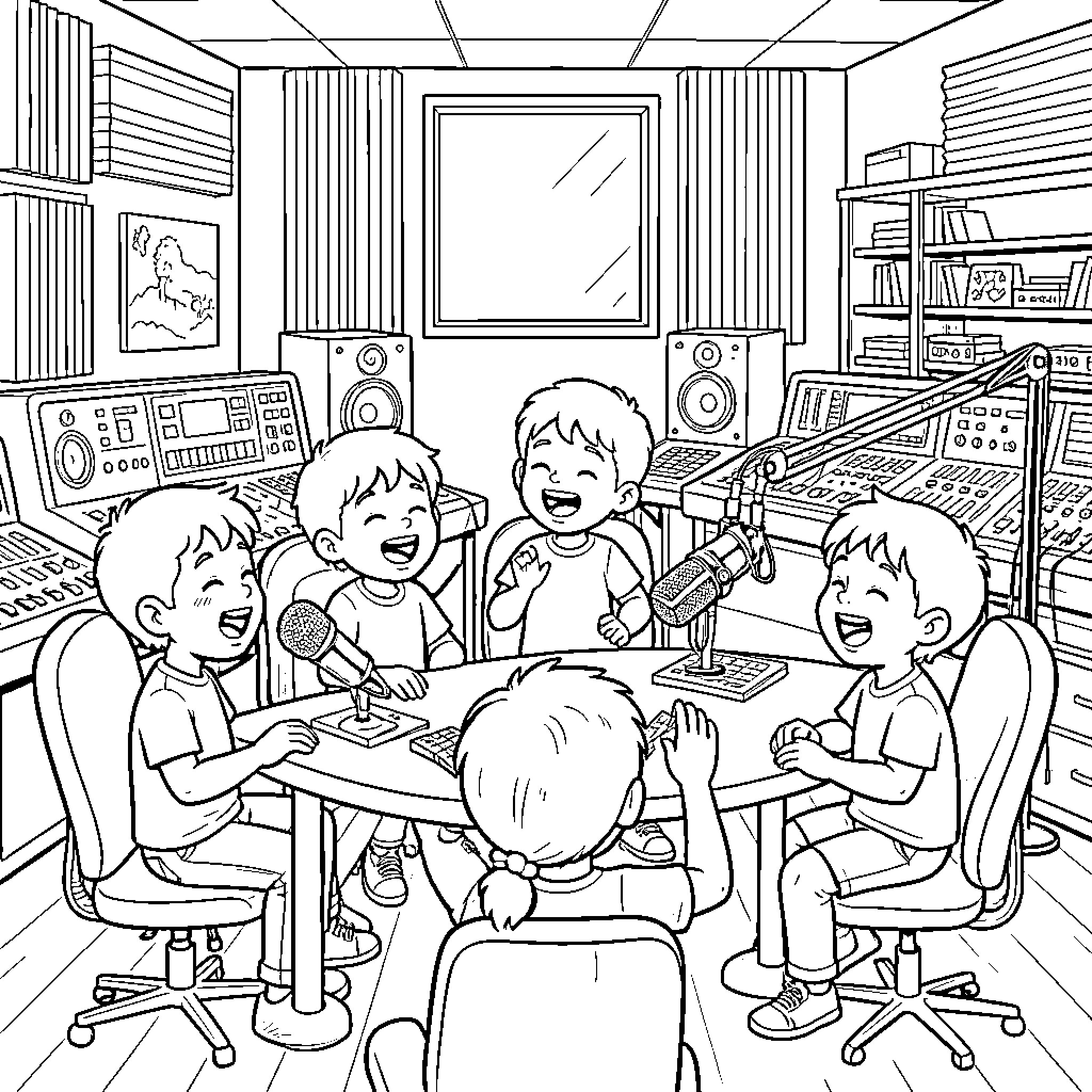 Child singing and laughing around a recording studio microphone Coloring Page (free black-and-white line drawing printable PDF for all, from beginners to advanced learners, including children, teens, adults, and seniors)