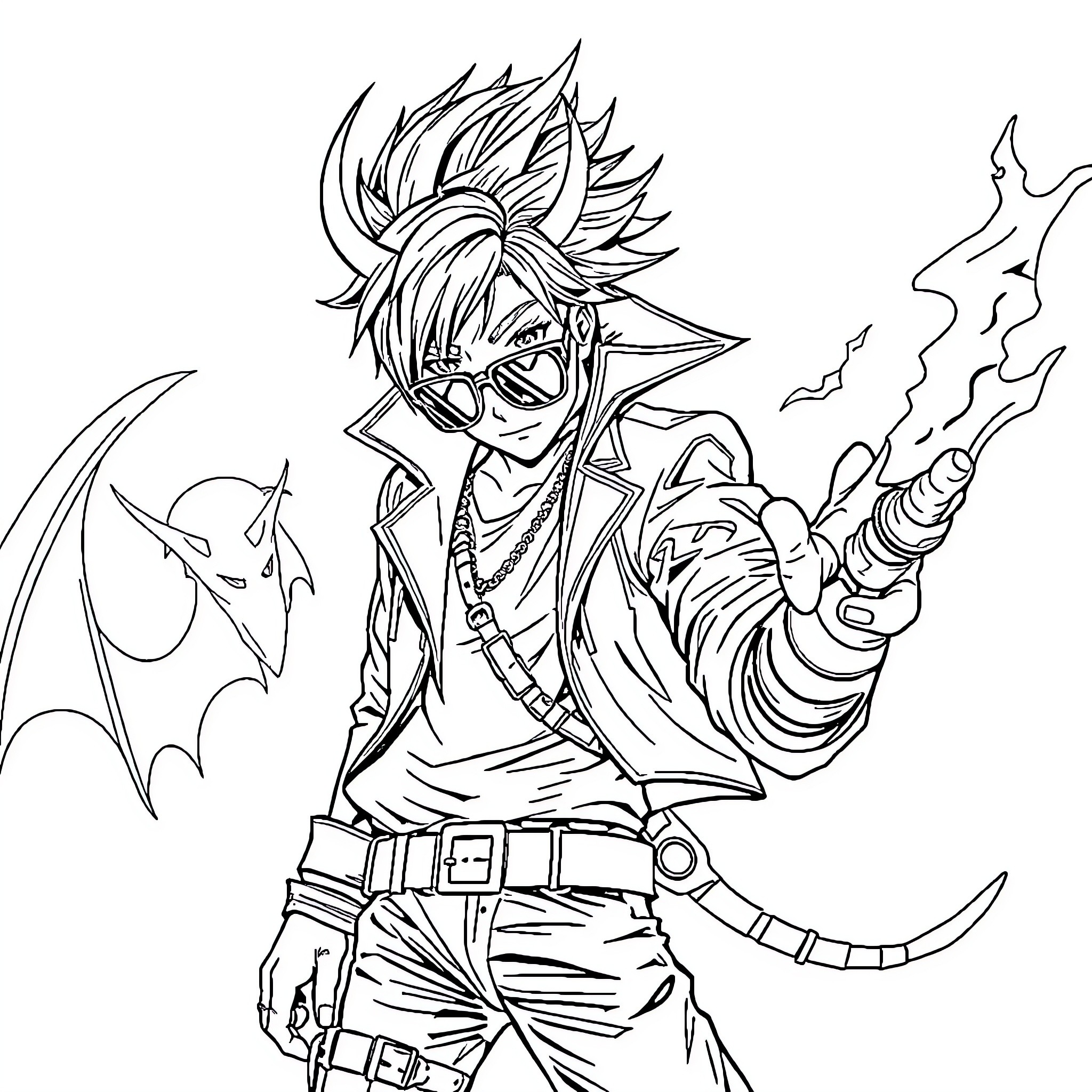 Demon Hunter Wielding Fiery Weapon with Determination Coloring Page (free black-and-white line drawing printable PDF for all, from beginners to advanced learners, including children, teens, adults, and seniors)