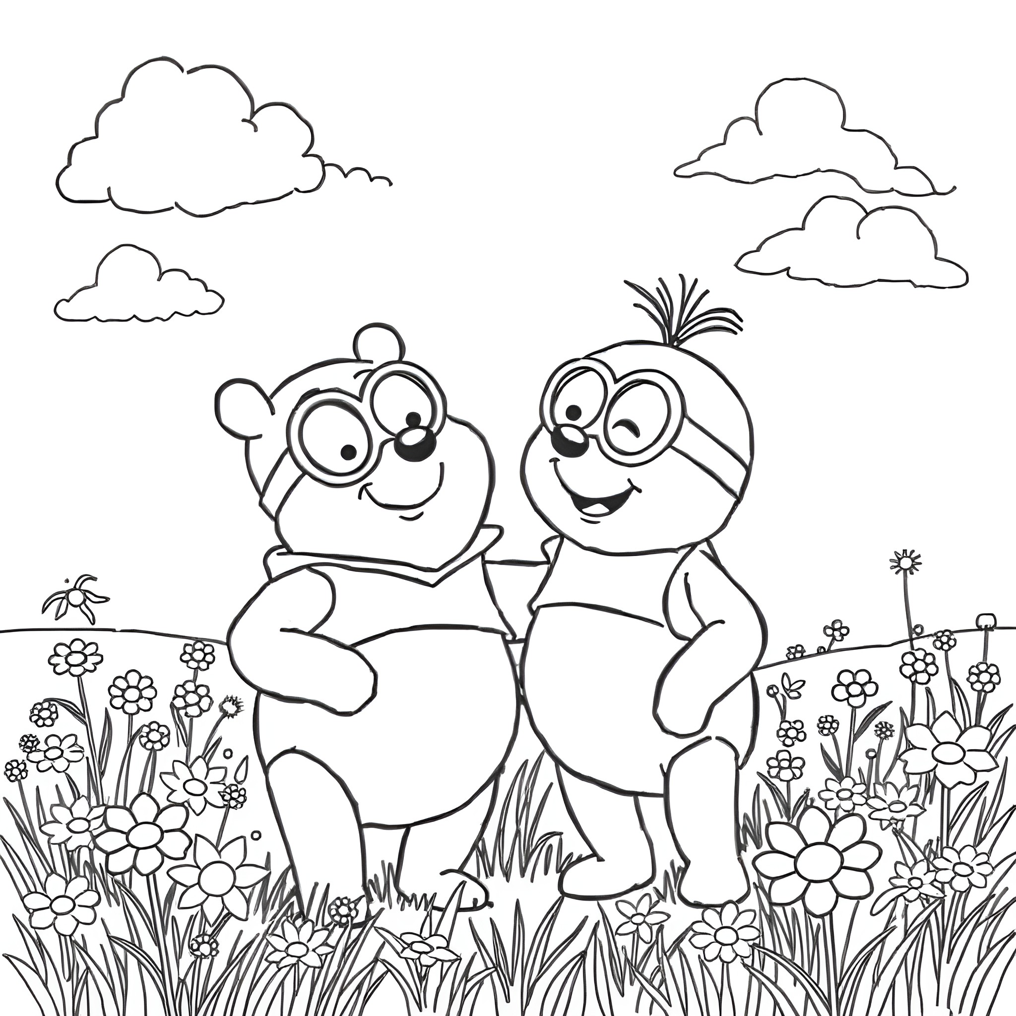 Winnie The Pooh and Friends Enjoy the Outdoors Coloring Page (free black-and-white line drawing printable PDF for all, from beginners to advanced learners, including children, teens, adults, and seniors)