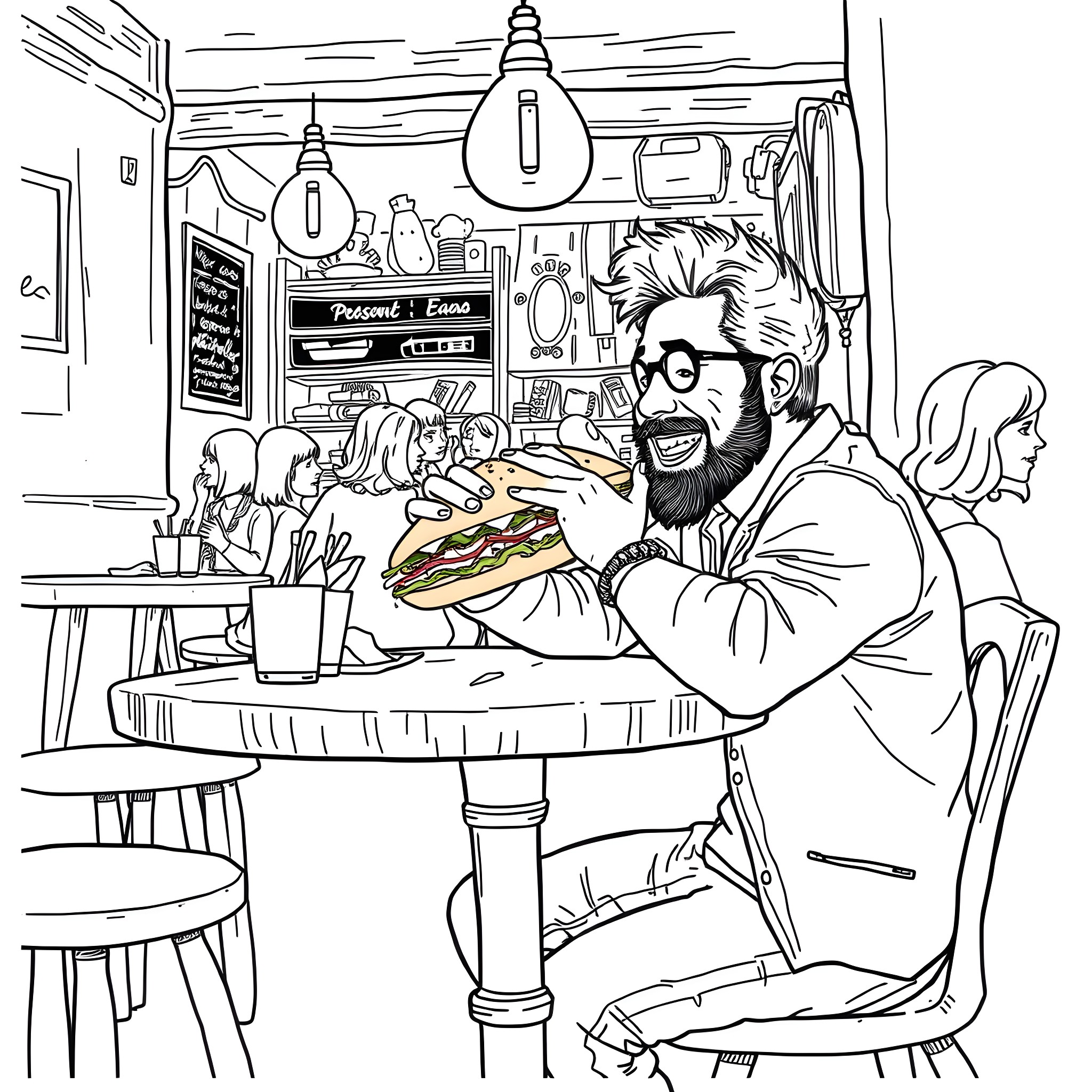 Claudio Sanchez enjoying a sandwich in a cozy cafe Coloring Page (free black-and-white line drawing printable PDF for all, from beginners to advanced learners, including children, teens, adults, and seniors)