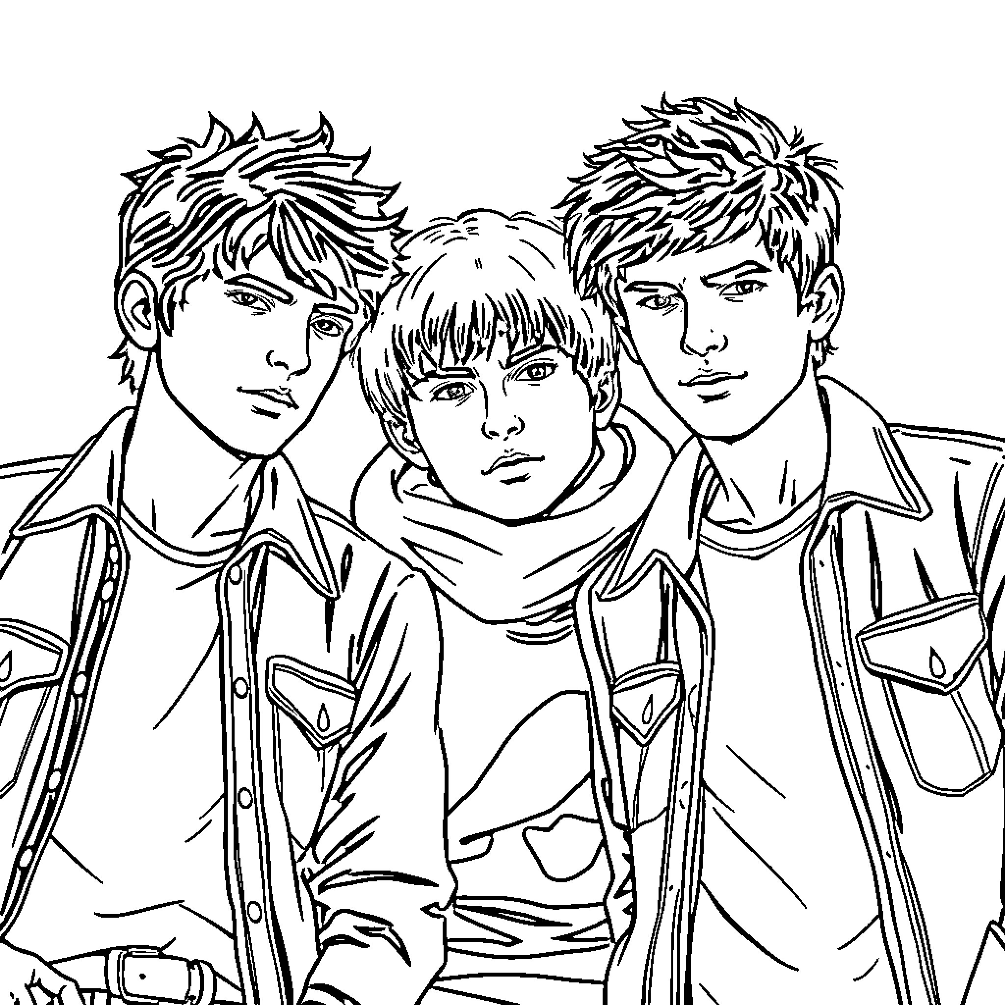 Character Trio in Casual Outfits Coloring Page (free black-and-white line drawing printable PDF for all, from beginners to advanced learners, including children, teens, adults, and seniors)