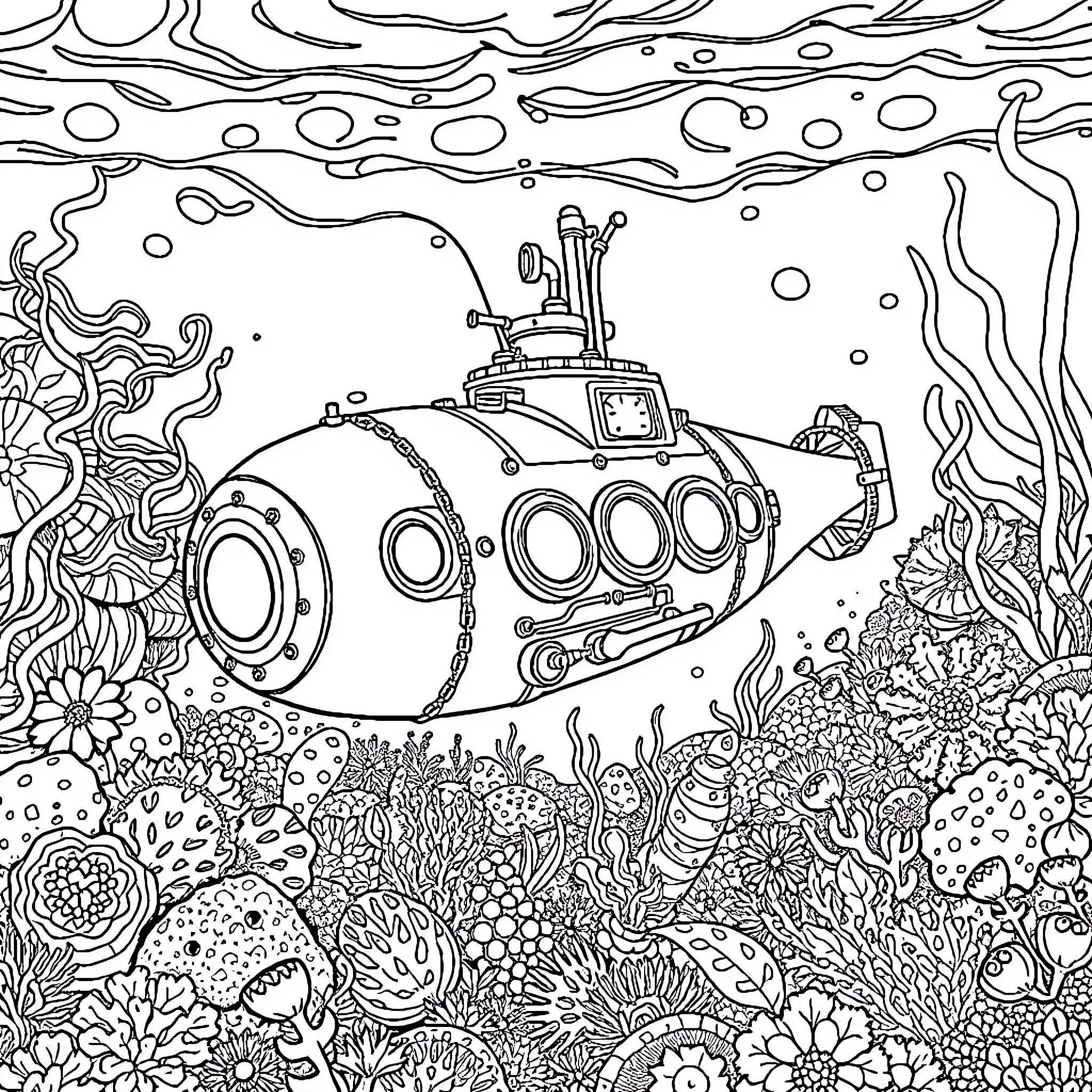 Submarine exploring underwater world with marine life Coloring Page (free black-and-white line drawing printable PDF for all, from beginners to advanced learners, including children, teens, adults, and seniors)