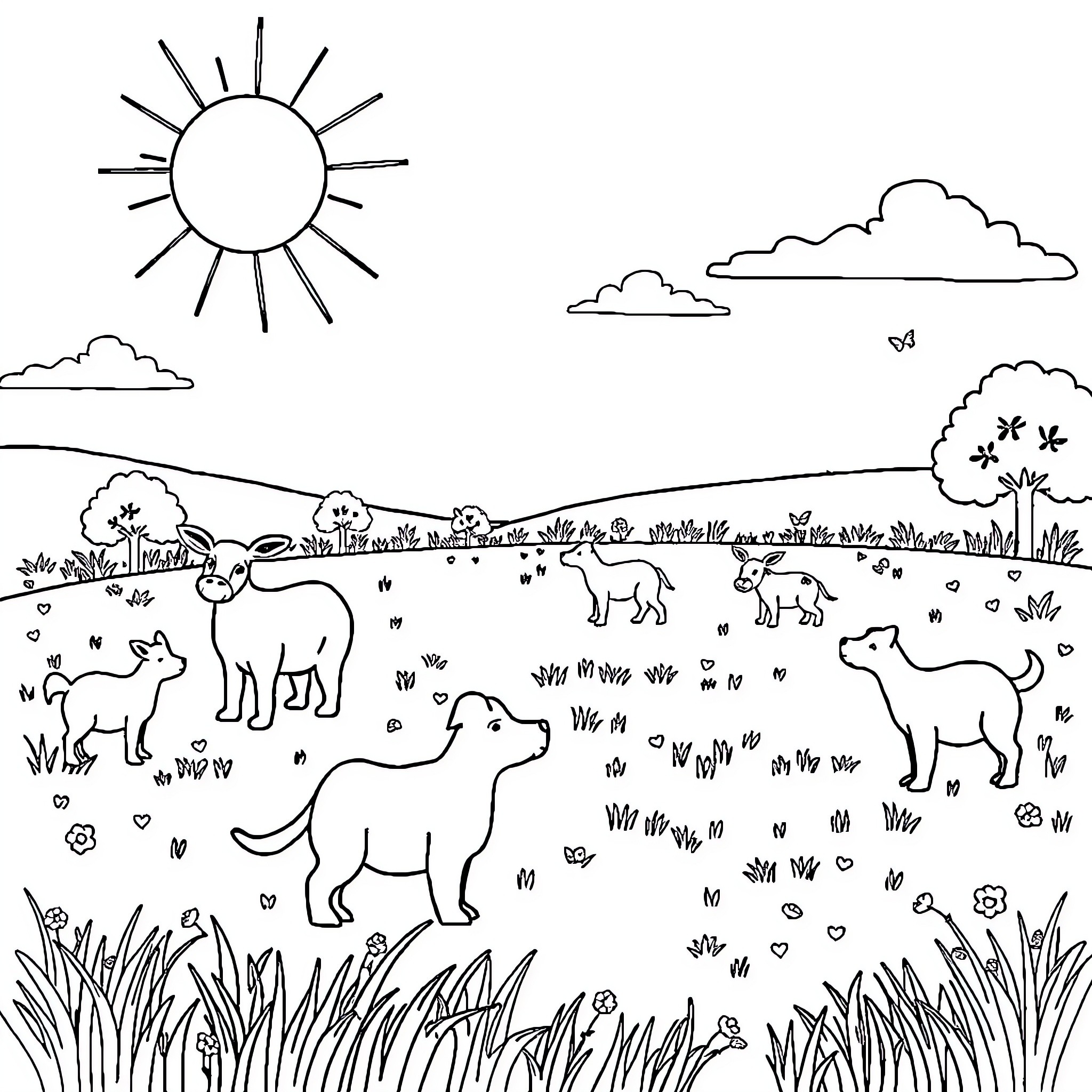 Animal gathering in a nature scene Coloring Page (free black-and-white line drawing printable PDF for all, from beginners to advanced learners, including children, teens, adults, and seniors)