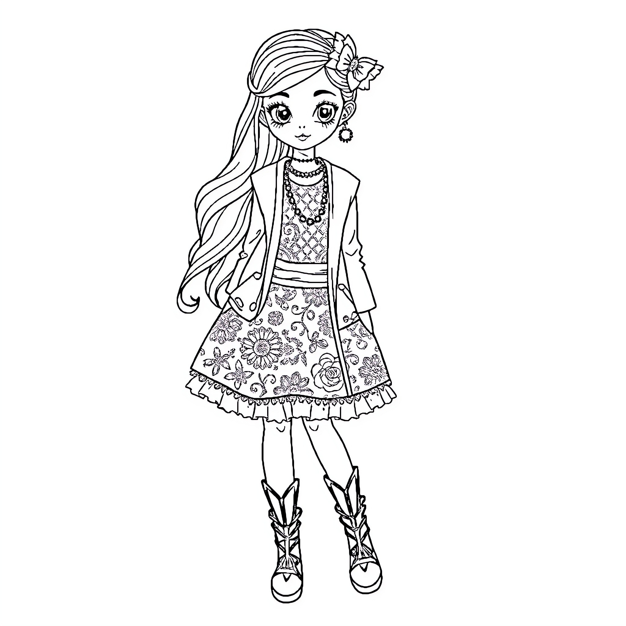 Girl in stylish floral dress and accessories Coloring Page (free black-and-white line drawing printable PDF for all, from beginners to advanced learners, including children, teens, adults, and seniors)