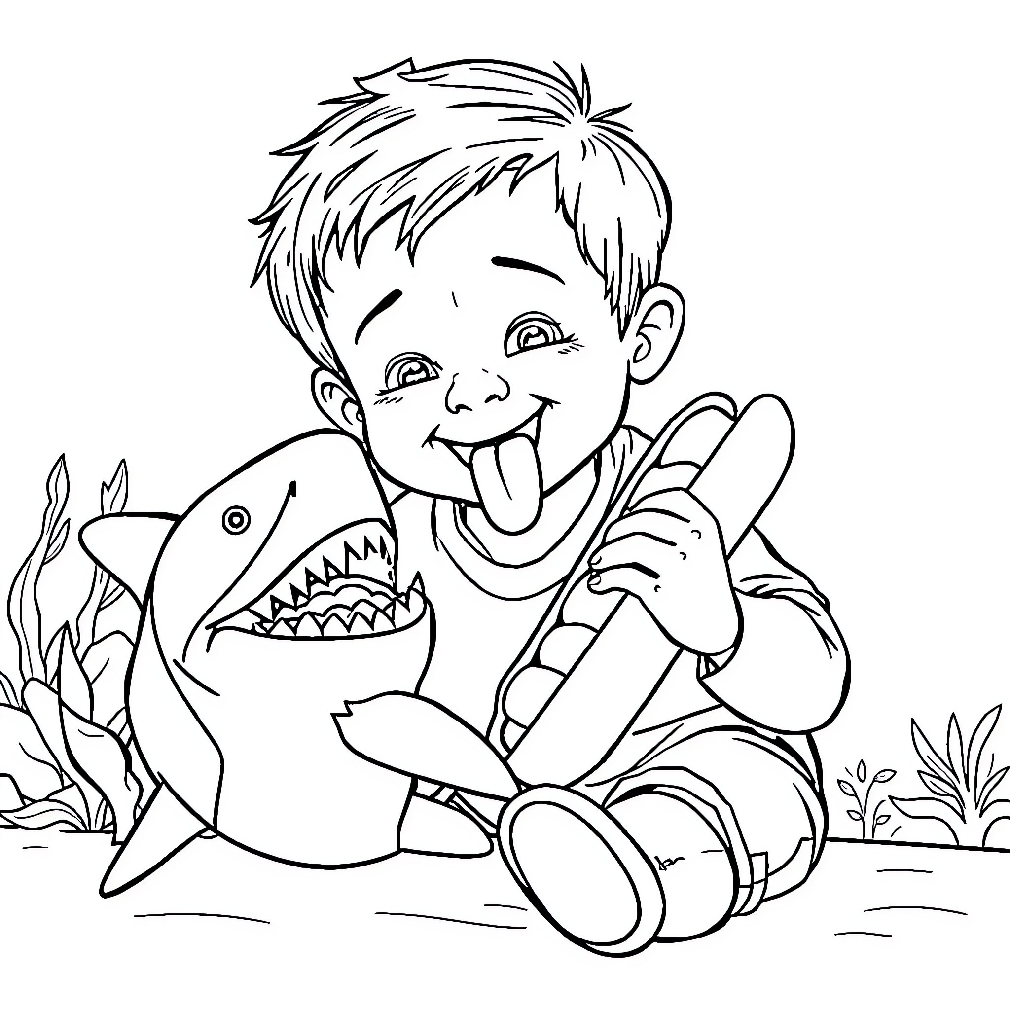 Boy Playing Happily with Toy Shark Coloring Page (free black-and-white line drawing printable PDF for all, from beginners to advanced learners, including children, teens, adults, and seniors)