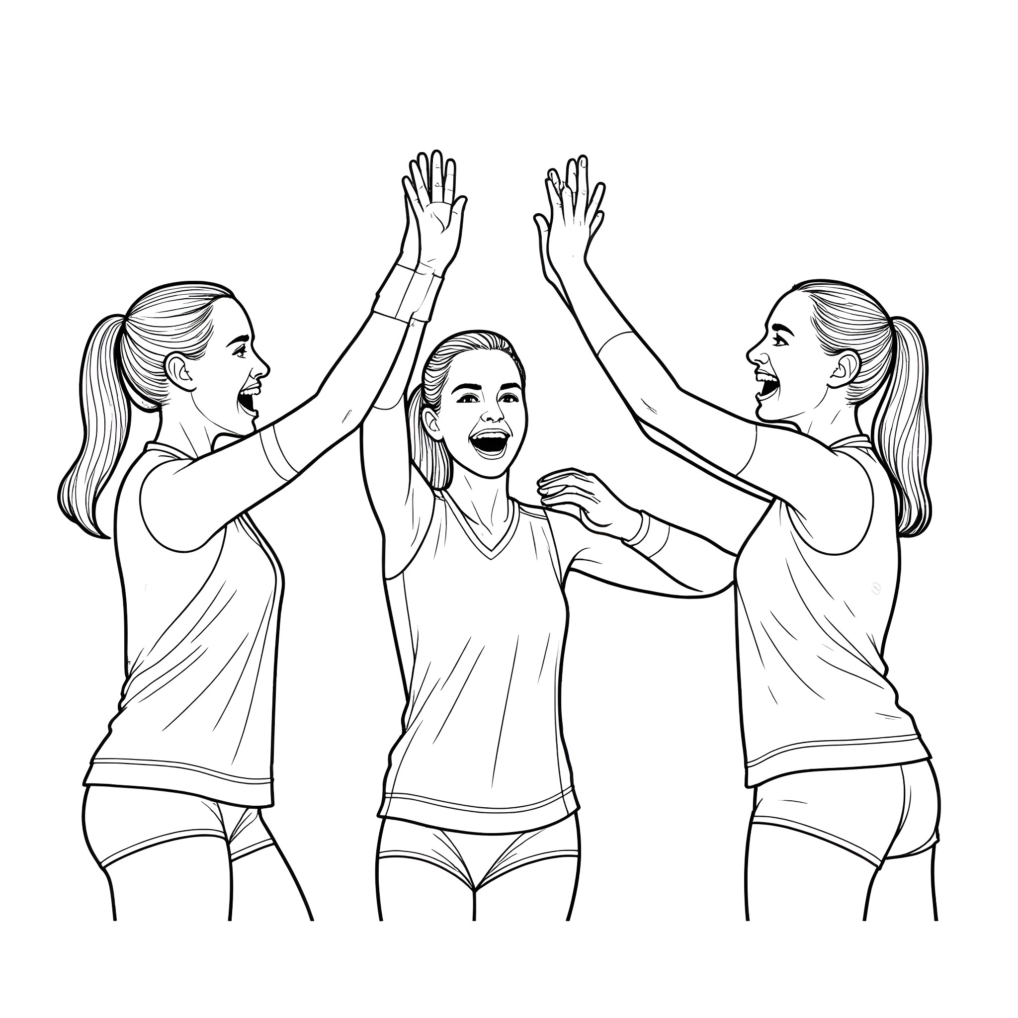 Volleyball players celebrating a win Coloring Page (free black-and-white line drawing printable PDF for all, from beginners to advanced learners, including children, teens, adults, and seniors)