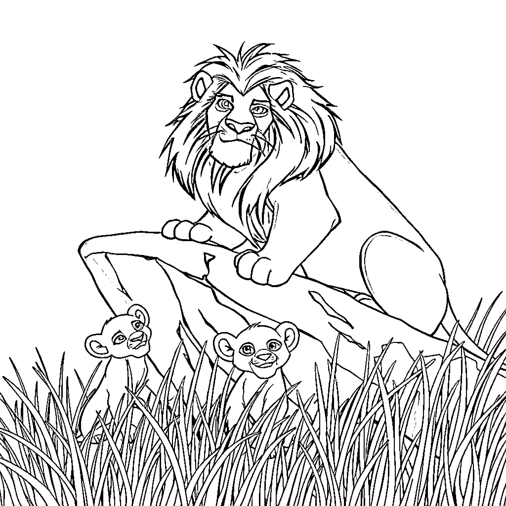Scar and his family in the wild Coloring Page (free black-and-white line drawing printable PDF for all, from beginners to advanced learners, including children, teens, adults, and seniors)