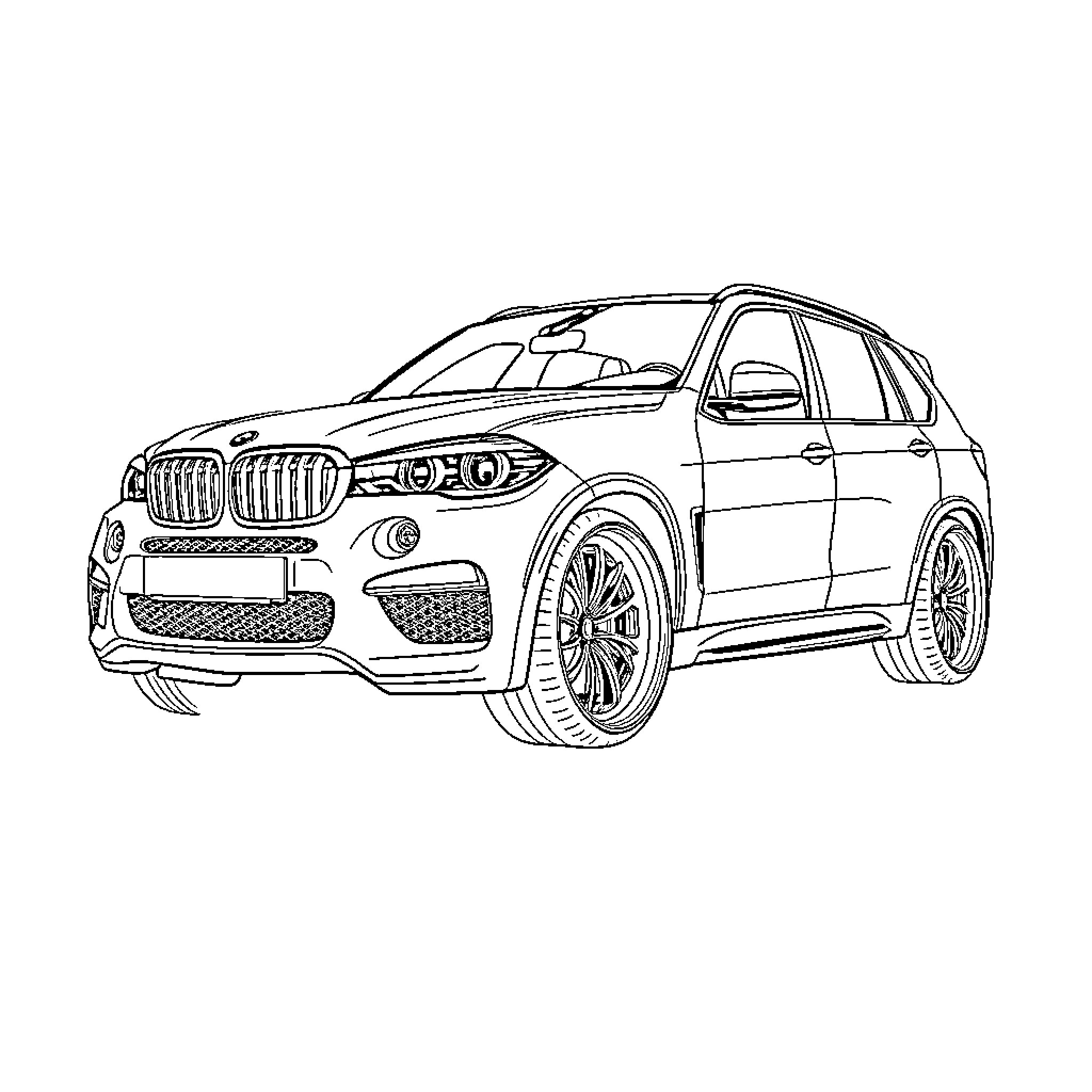 BMW X5 in detailed black and white sketch Coloring Page (free black-and-white line drawing printable PDF for all, from beginners to advanced learners, including children, teens, adults, and seniors)