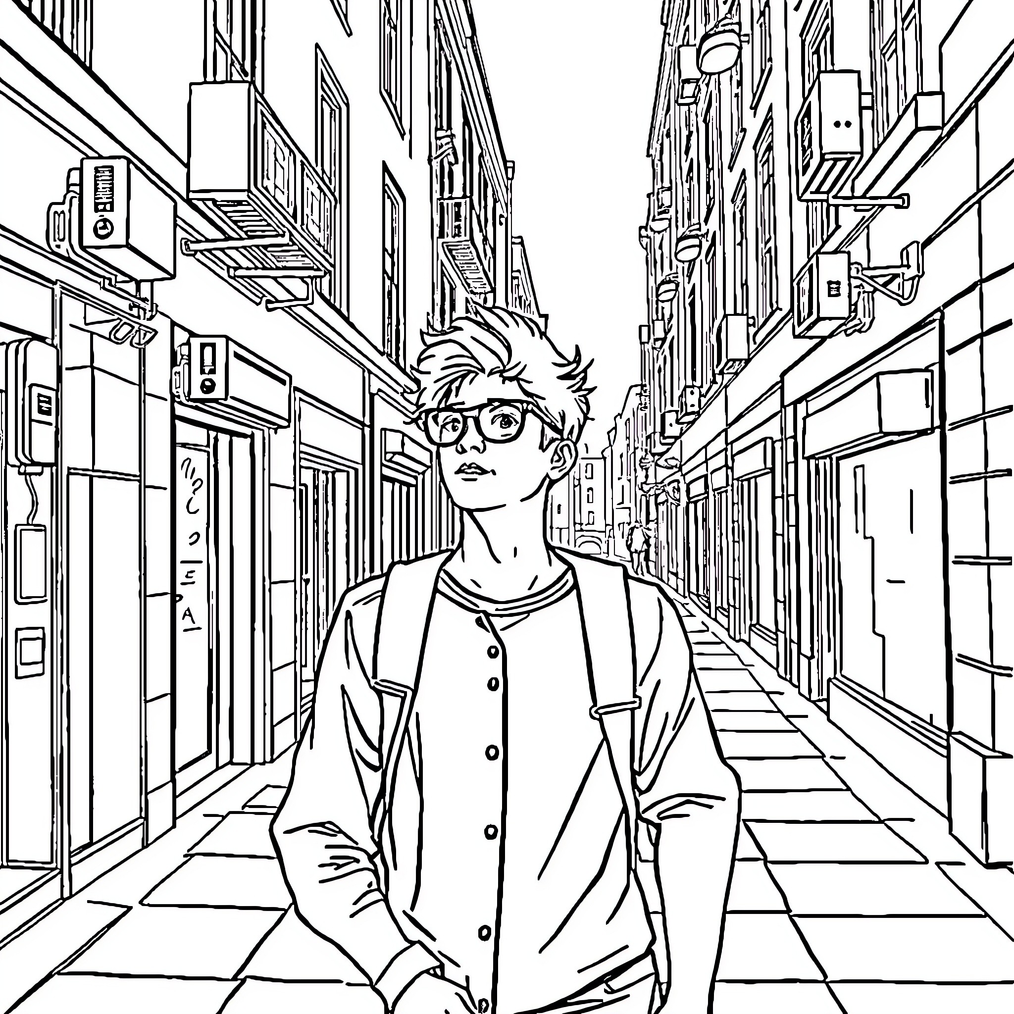 Adult in Casual Attire Exploring City Street Coloring Page (free black-and-white line drawing printable PDF for all, from beginners to advanced learners, including children, teens, adults, and seniors)