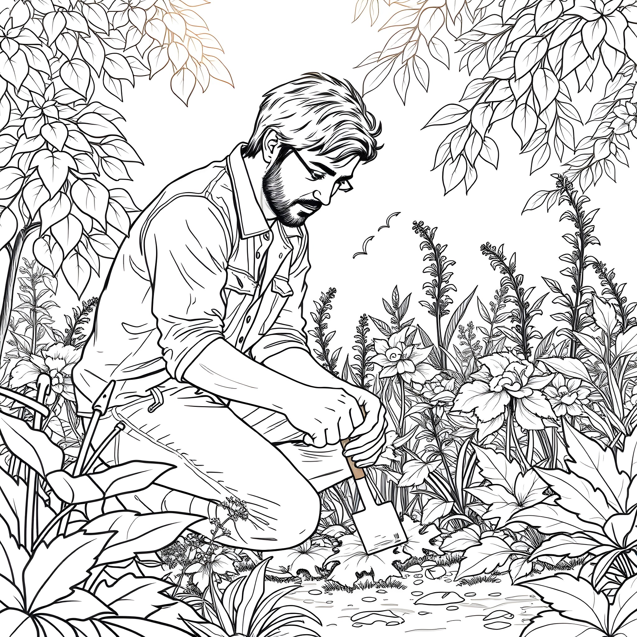 Eren Yaeger exploring lush natural scenery Coloring Page (free black-and-white line drawing printable PDF for all, from beginners to advanced learners, including children, teens, adults, and seniors)