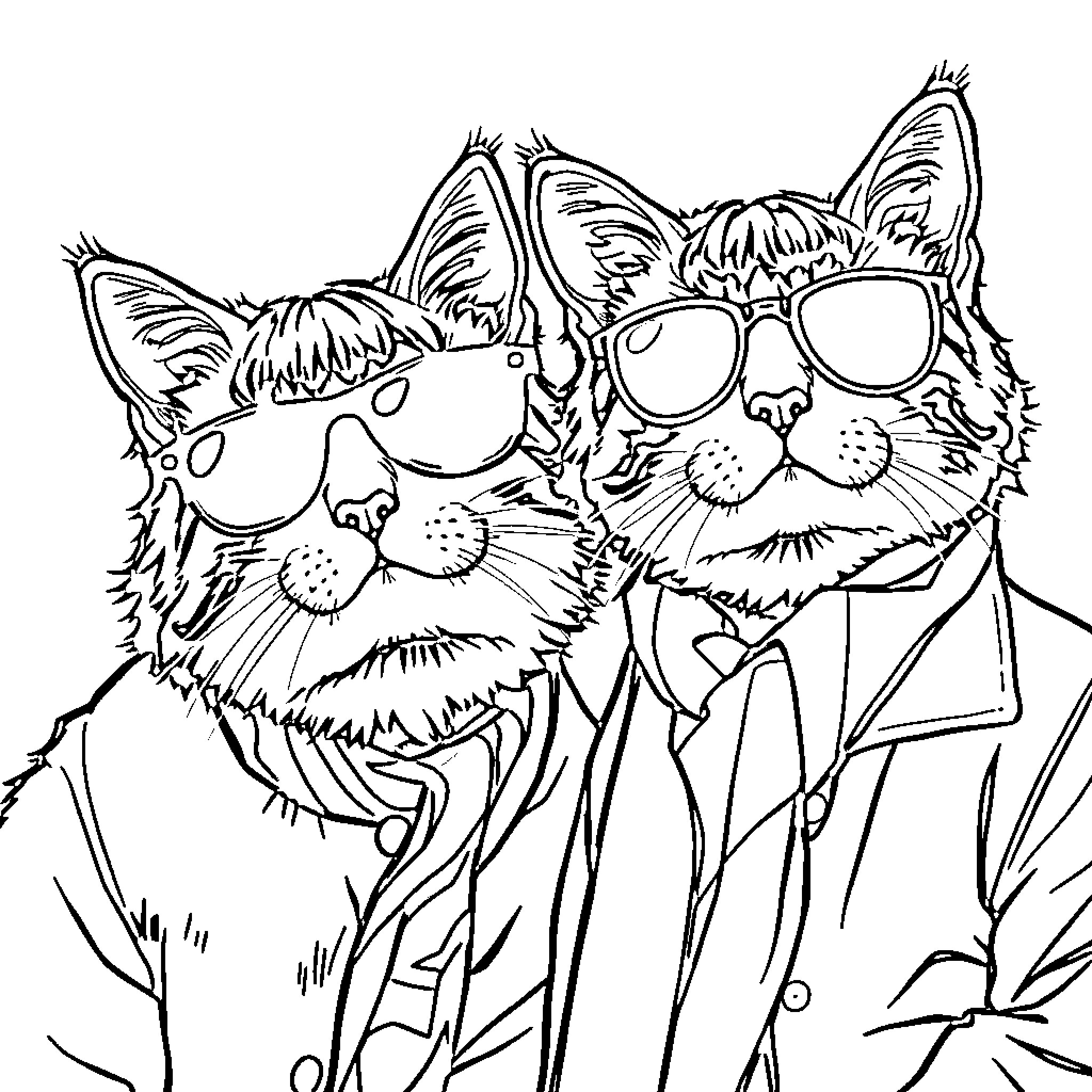 Cats Dressed in Formal Attire with Sunglasses Coloring Page (free black-and-white line drawing printable PDF for all, from beginners to advanced learners, including children, teens, adults, and seniors)