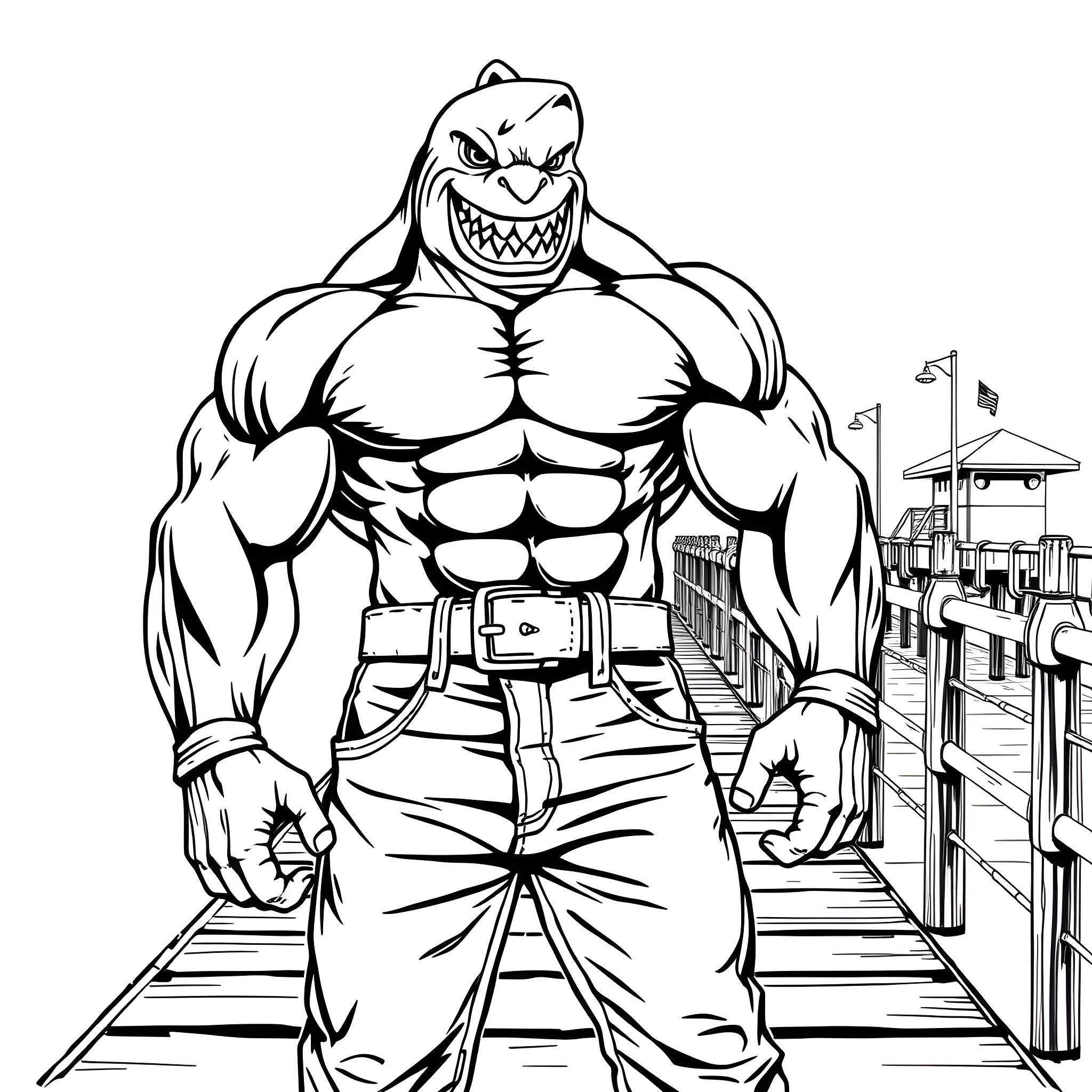 Shark-like creature flexing its muscles on a pier Coloring Page (free black-and-white line drawing printable PDF for all, from beginners to advanced learners, including children, teens, adults, and seniors)