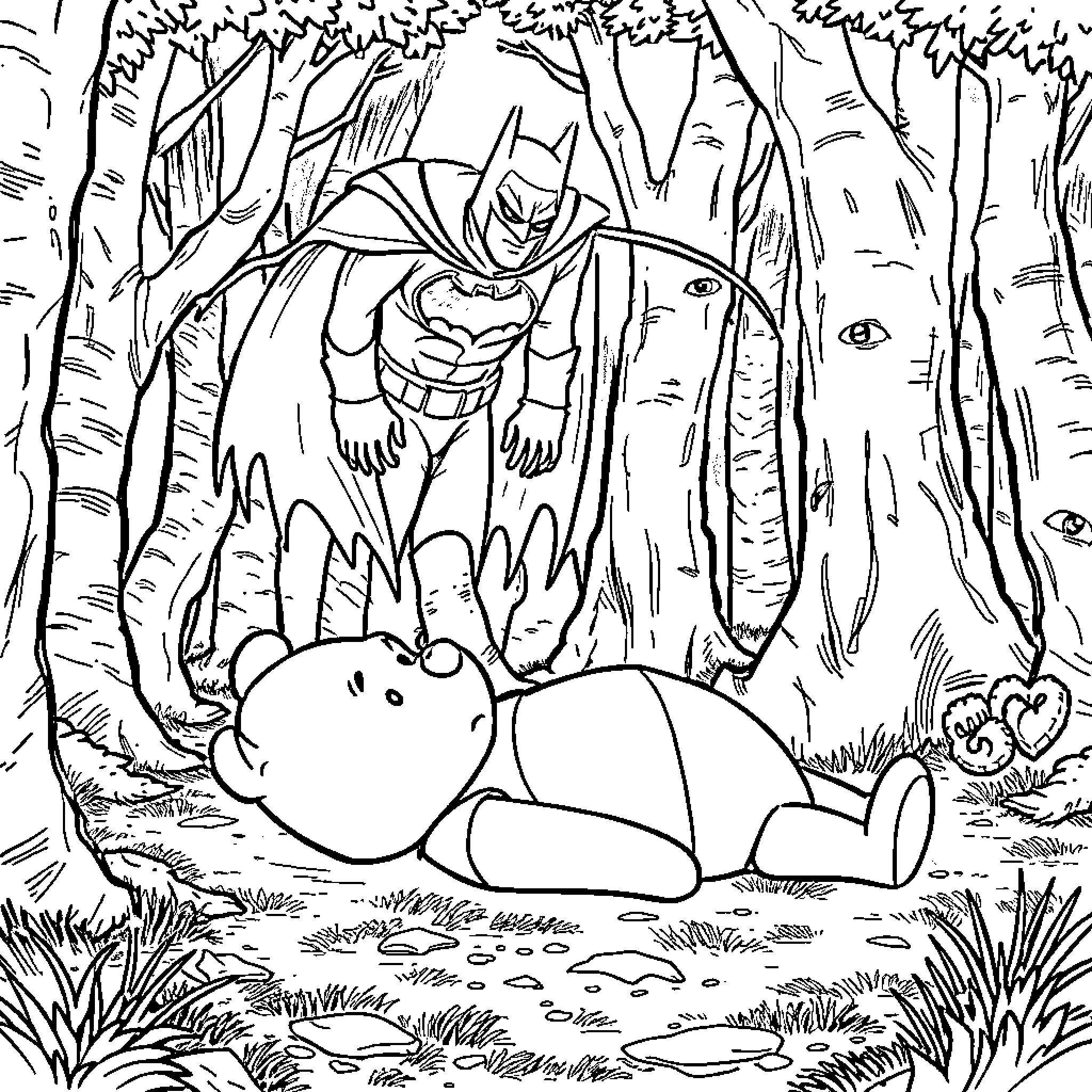 Winnie The Pooh Finds Batman Assisting an Injured Character in the Forest Coloring Page (free black-and-white line drawing printable PDF for all, from beginners to advanced learners, including children, teens, adults, and seniors)