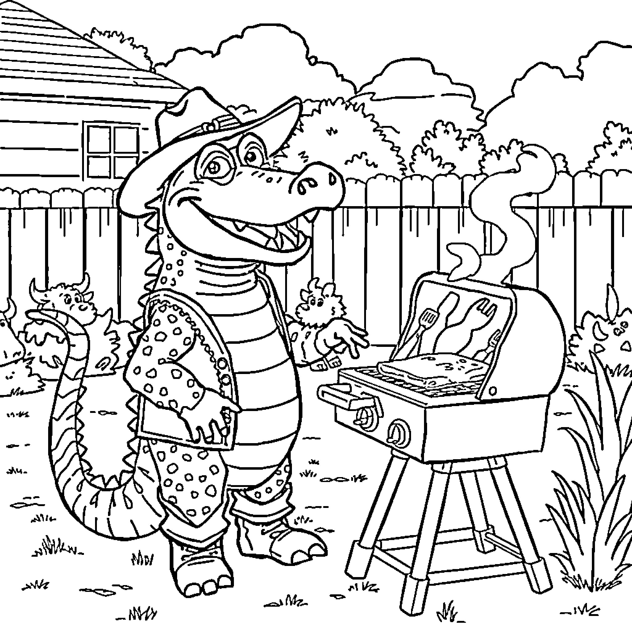 Alligator painting a colorful artwork in the backyard Coloring Page (free black-and-white line drawing printable PDF for all, from beginners to advanced learners, including children, teens, adults, and seniors)