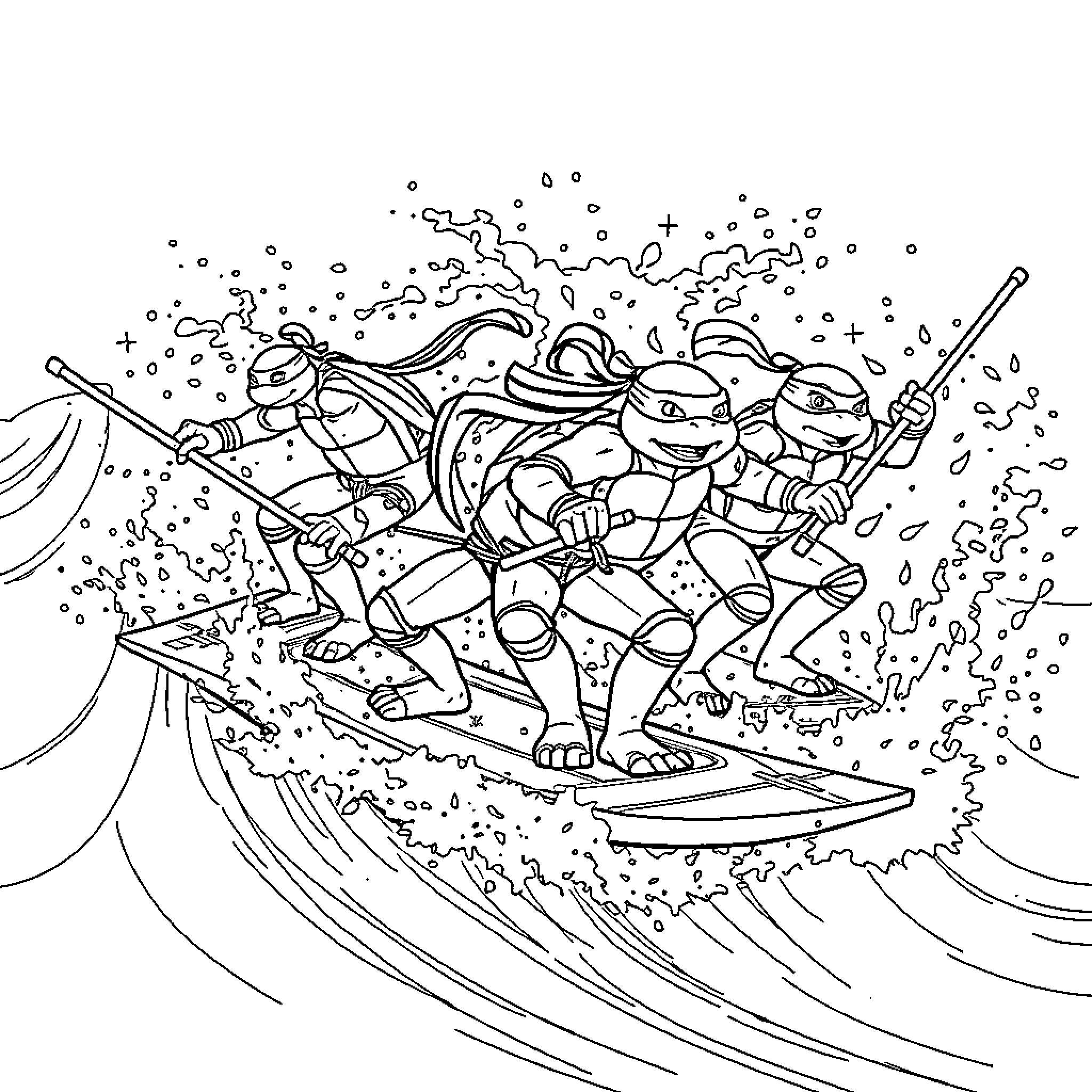 Ninja Turtles surfing through waves of action Coloring Page (free black-and-white line drawing printable PDF for all, from beginners to advanced learners, including children, teens, adults, and seniors)
