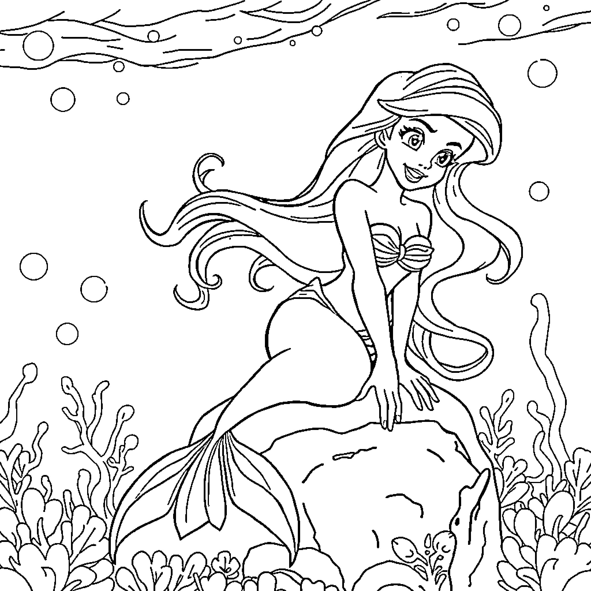 Ariel the Mermaid Exploring the Underwater World Coloring Page (free black-and-white line drawing printable PDF for all, from beginners to advanced learners, including children, teens, adults, and seniors)