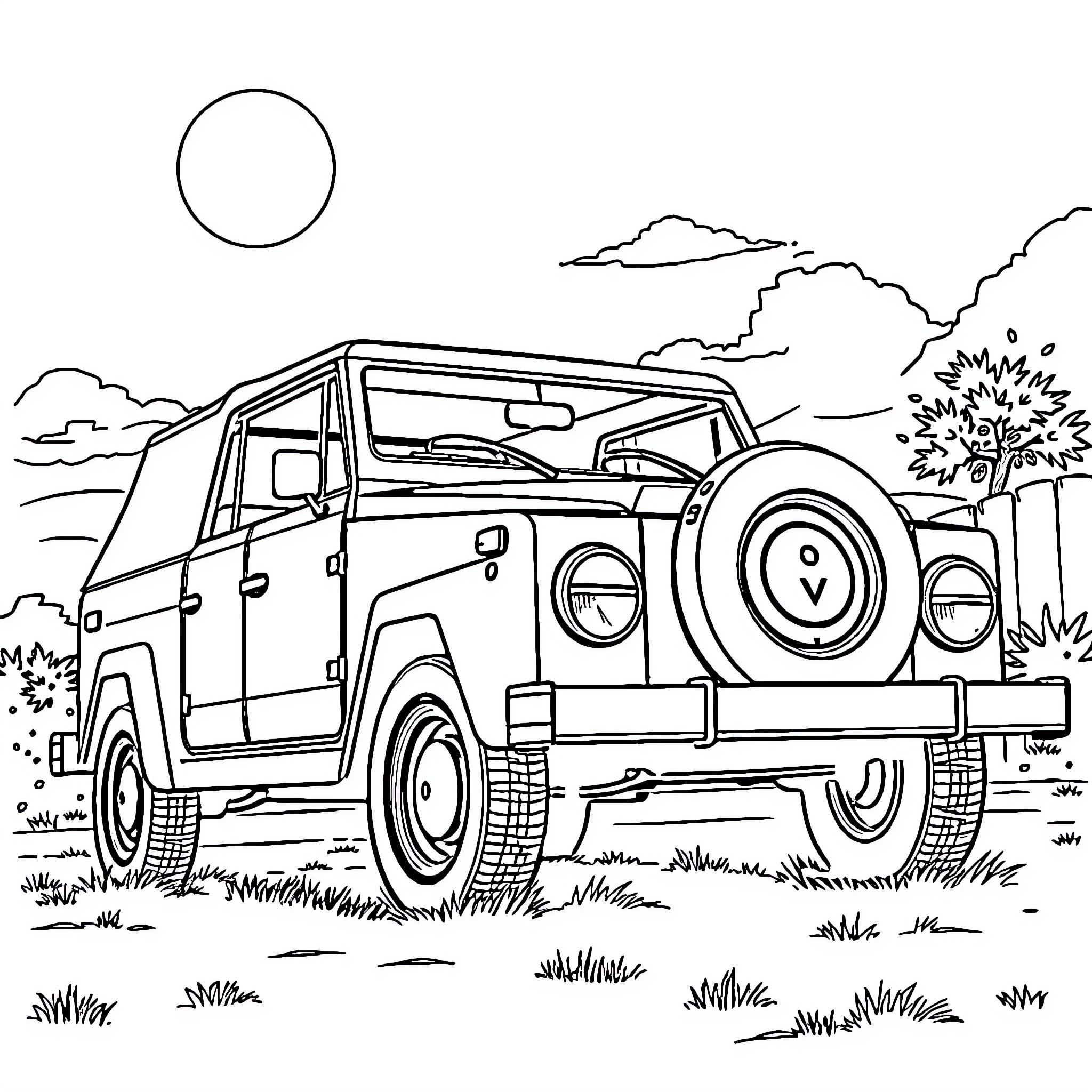 Volkswagen Thing off-roading in nature Coloring Page (free black-and-white line drawing printable PDF for all, from beginners to advanced learners, including children, teens, adults, and seniors)