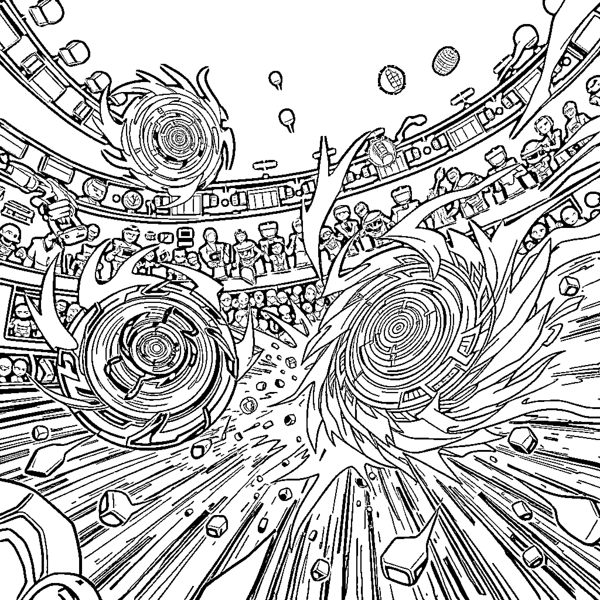 Beyblade Spinning and Battling in an Explosive Arena Coloring Page (free black-and-white line drawing printable PDF for all, from beginners to advanced learners, including children, teens, adults, and seniors)