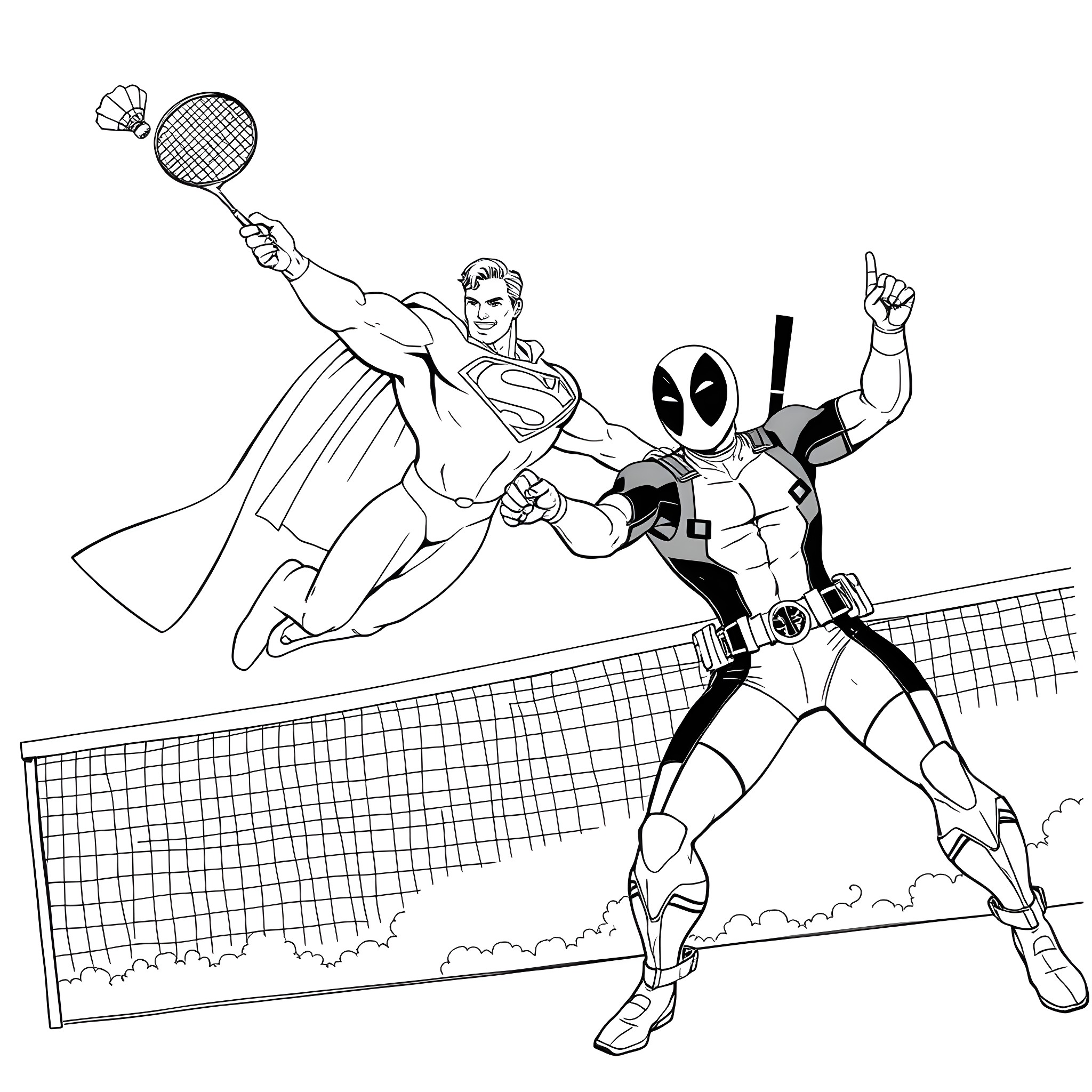 Superman and Deadpool Play Badminton Together Coloring Page (free black-and-white line drawing printable PDF for all, from beginners to advanced learners, including children, teens, adults, and seniors)