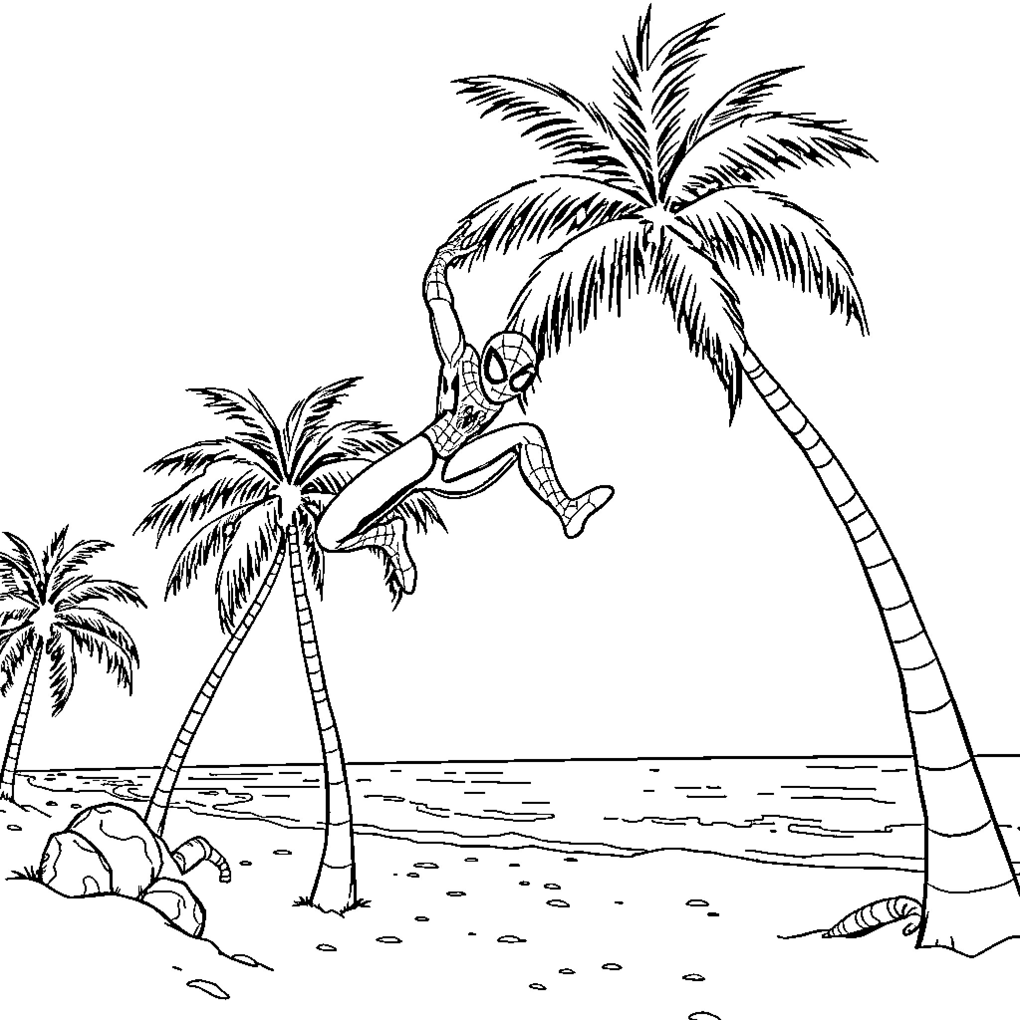 Spidey swinging from a palm tree on the beach Coloring Page (free black-and-white line drawing printable PDF for all, from beginners to advanced learners, including children, teens, adults, and seniors)