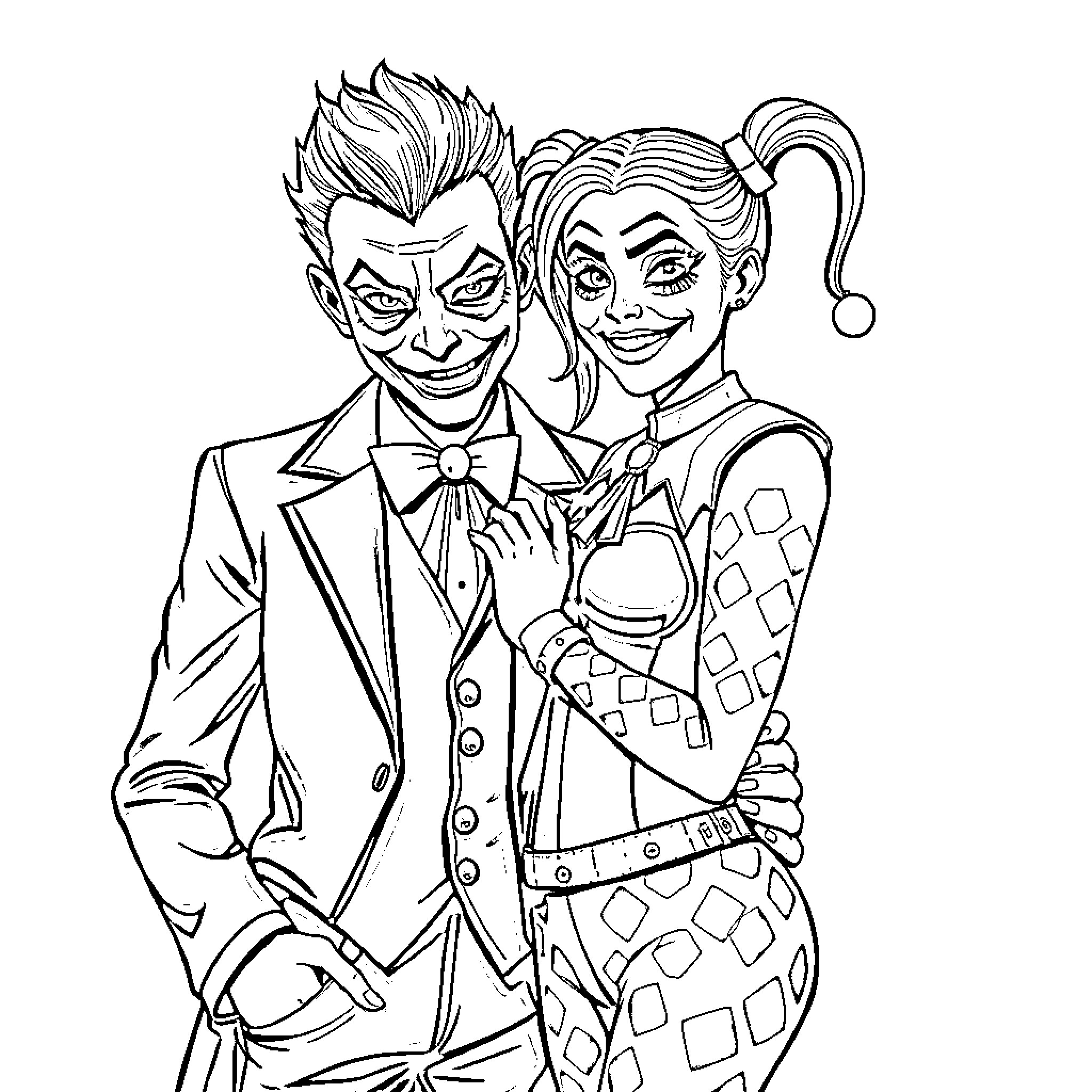 Joker and Harley Quinn in playful poses Coloring Page (free black-and-white line drawing printable PDF for all, from beginners to advanced learners, including children, teens, adults, and seniors)