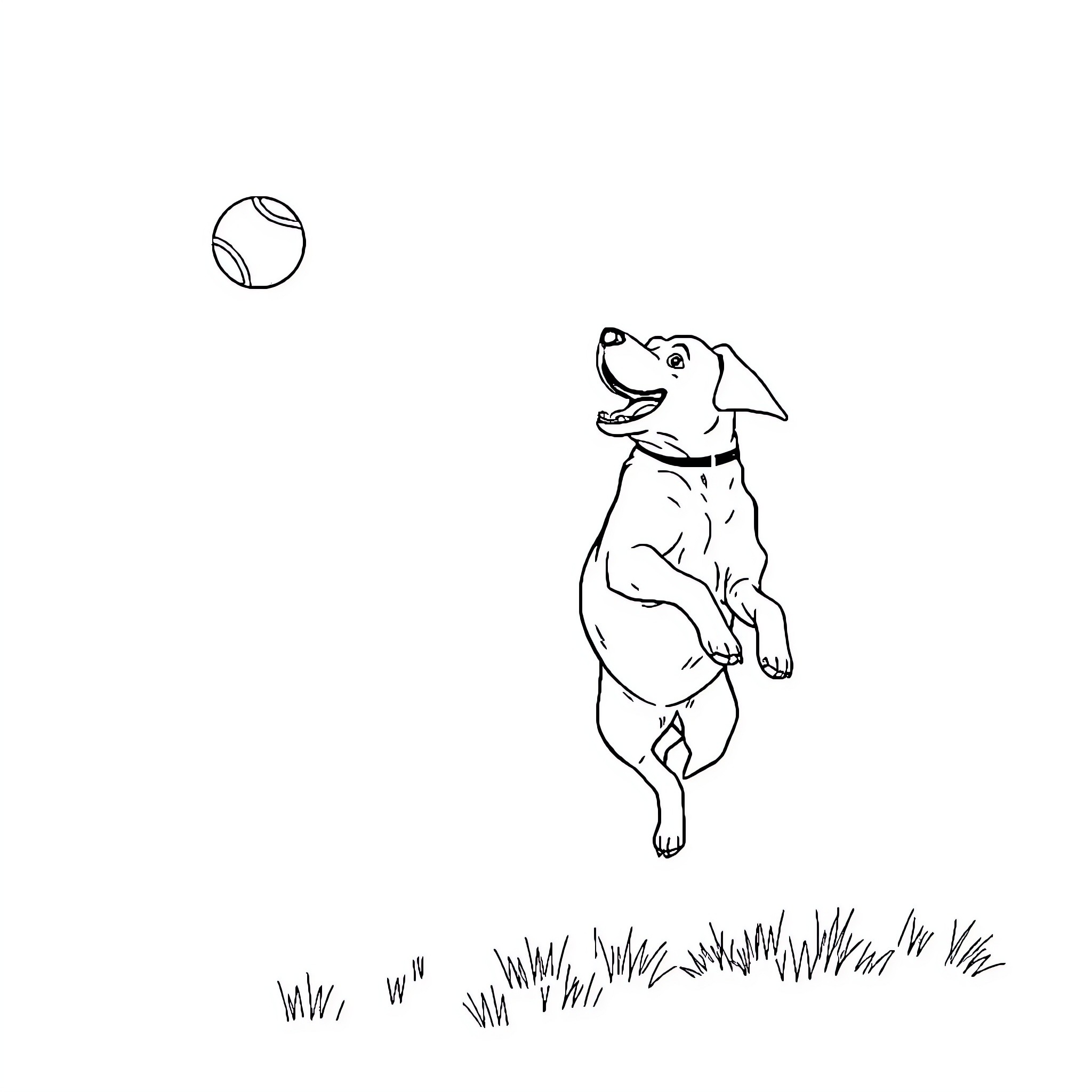 Labrador jumping to catch a ball Coloring Page (free black-and-white line drawing printable PDF for all, from beginners to advanced learners, including children, teens, adults, and seniors)