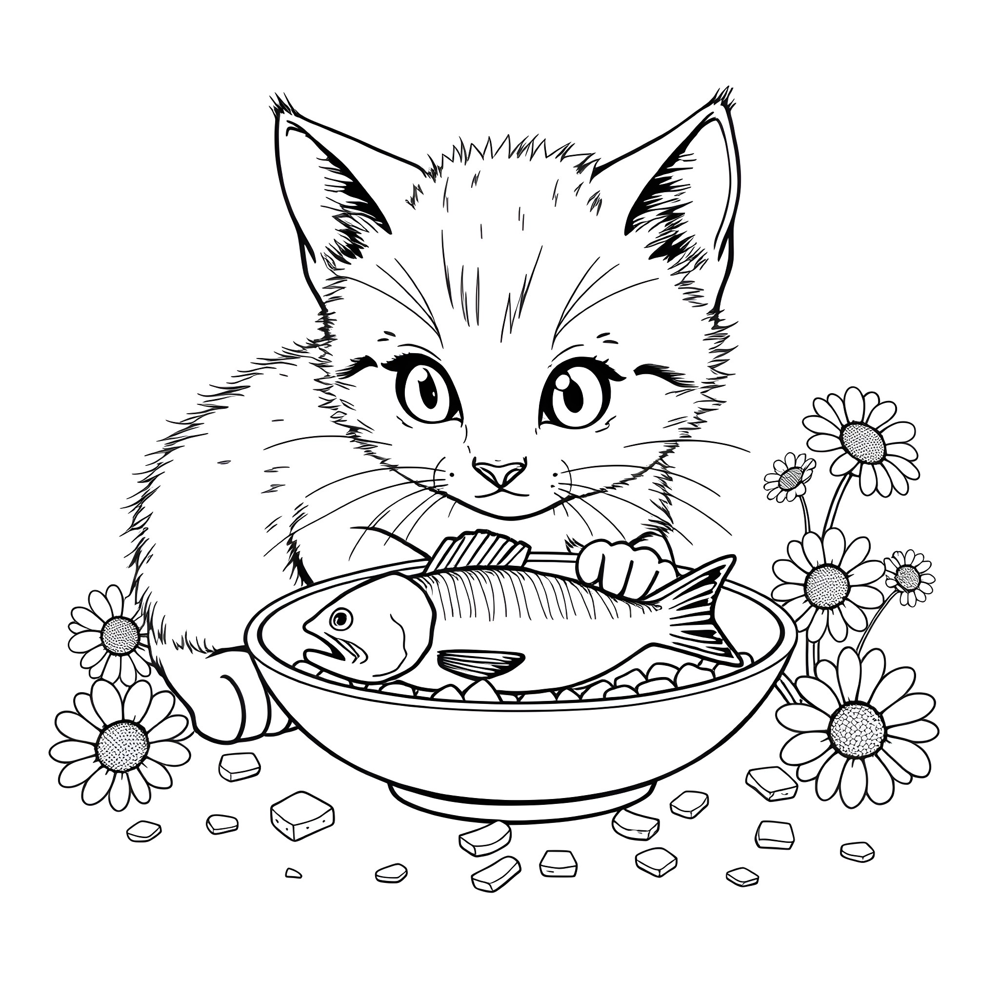 Kitty enjoying a delightful fishy feast Coloring Page (free black-and-white line drawing printable PDF for all, from beginners to advanced learners, including children, teens, adults, and seniors)