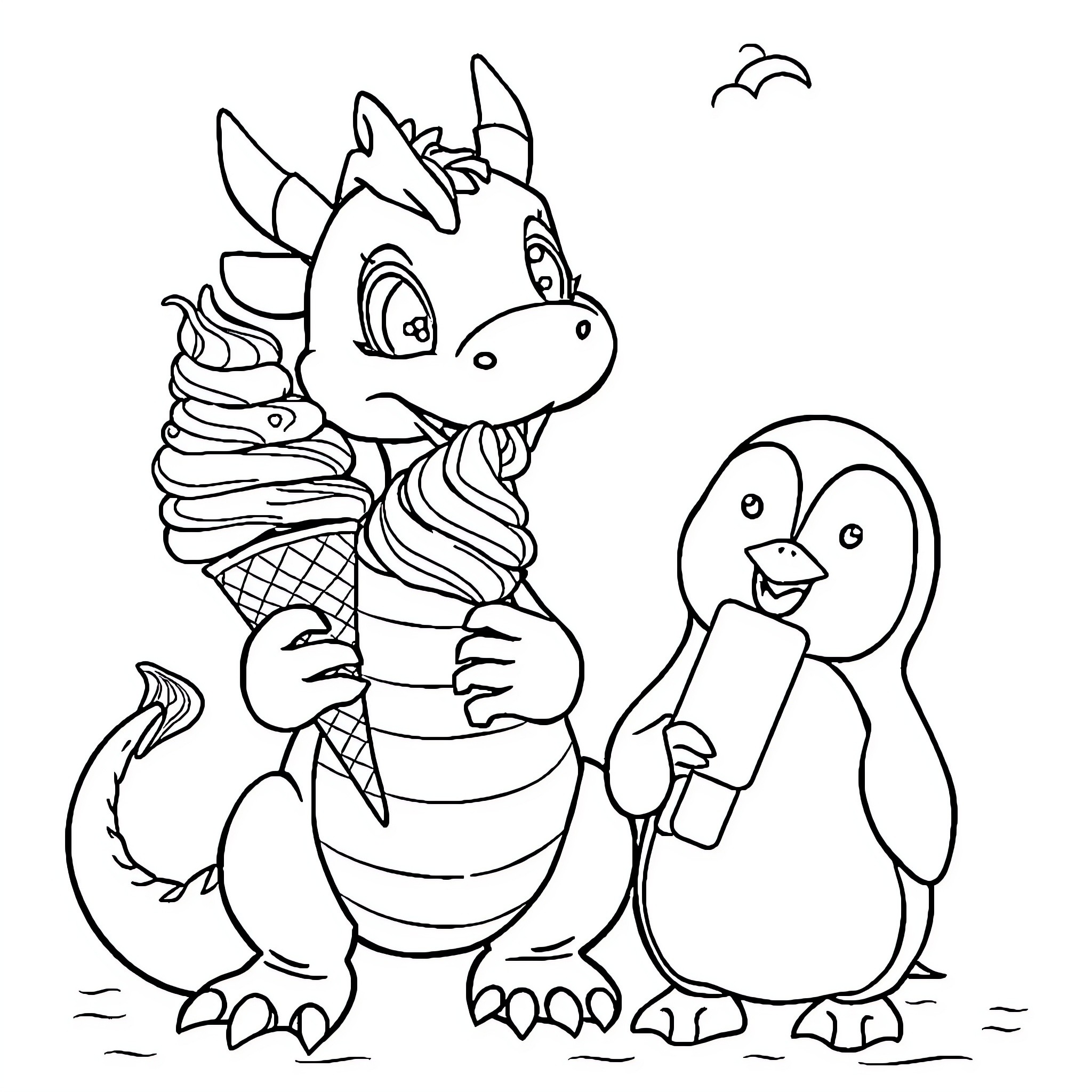 Dragon and Penguin Enjoying Ice Cream Together Coloring Page (free black-and-white line drawing printable PDF for all, from beginners to advanced learners, including children, teens, adults, and seniors)
