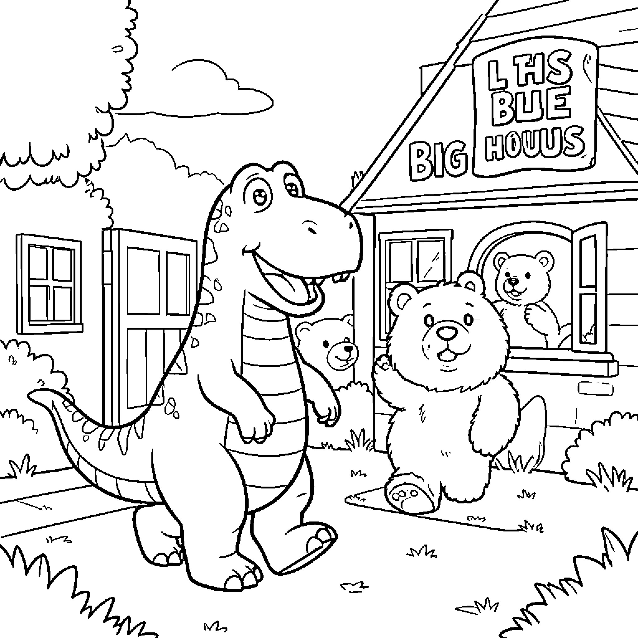 Barney walking with friendly bears near a house Coloring Page (free black-and-white line drawing printable PDF for all, from beginners to advanced learners, including children, teens, adults, and seniors)
