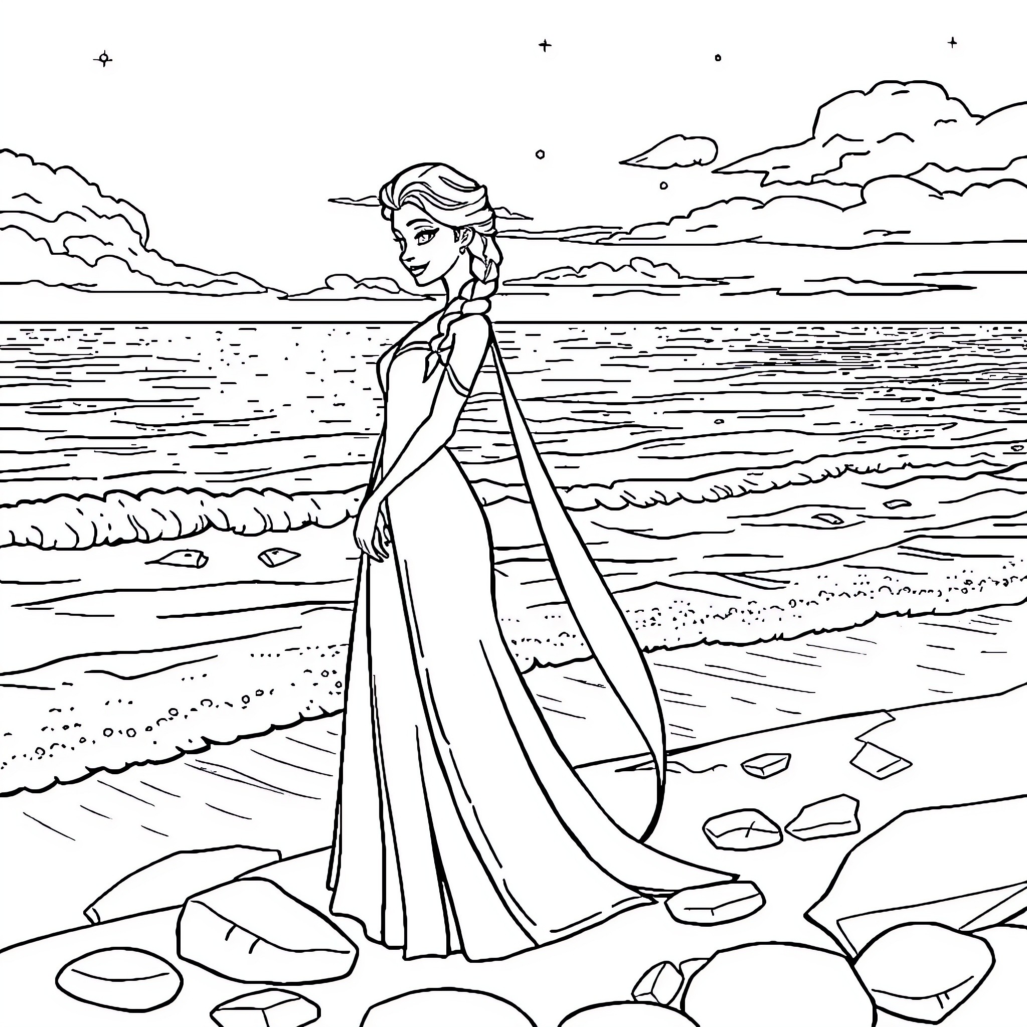 Elsa walking gracefully along the beach Coloring Page (free black-and-white line drawing printable PDF for all, from beginners to advanced learners, including children, teens, adults, and seniors)