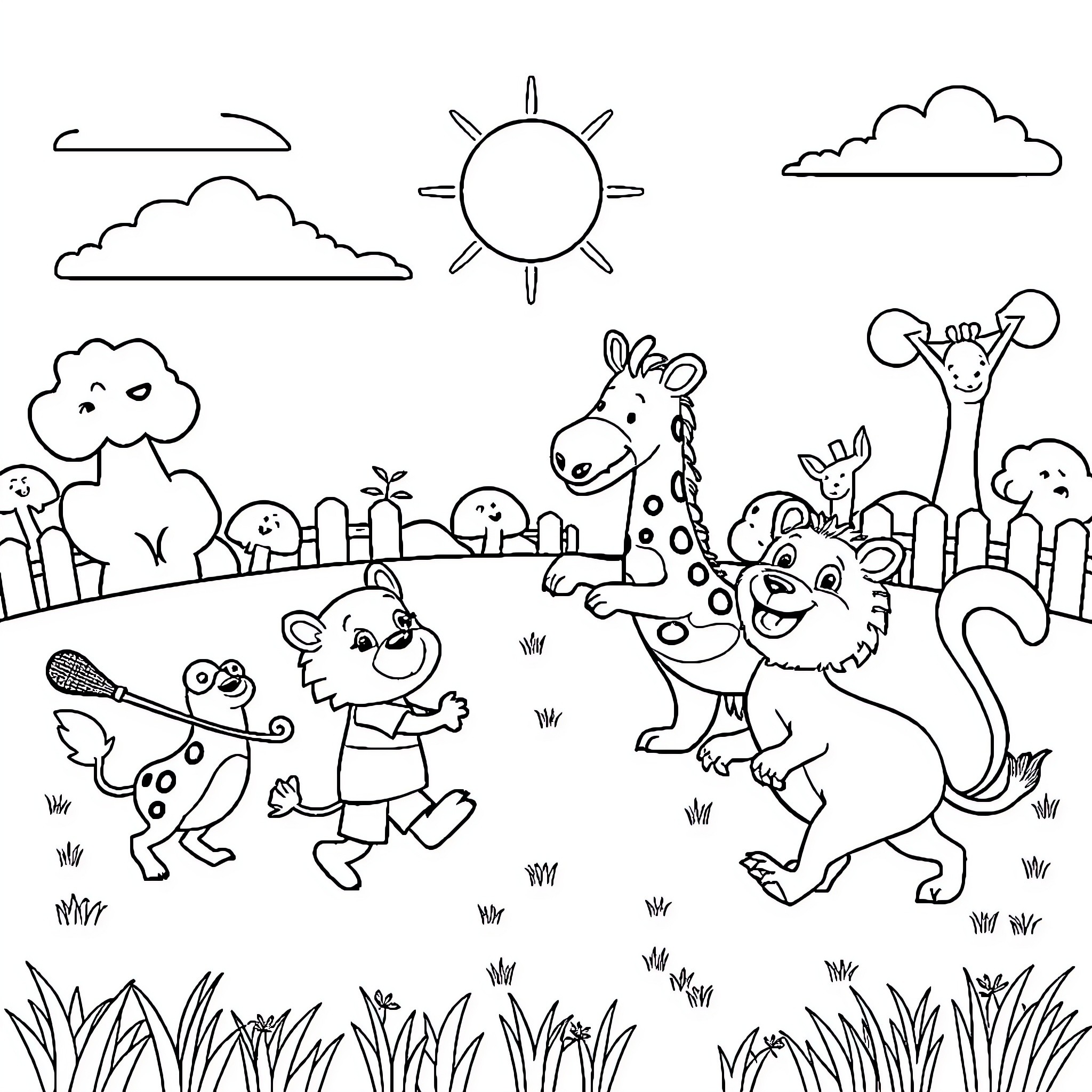 Zoo Animals Playing Happily in Nature Coloring Page (free black-and-white line drawing printable PDF for all, from beginners to advanced learners, including children, teens, adults, and seniors)