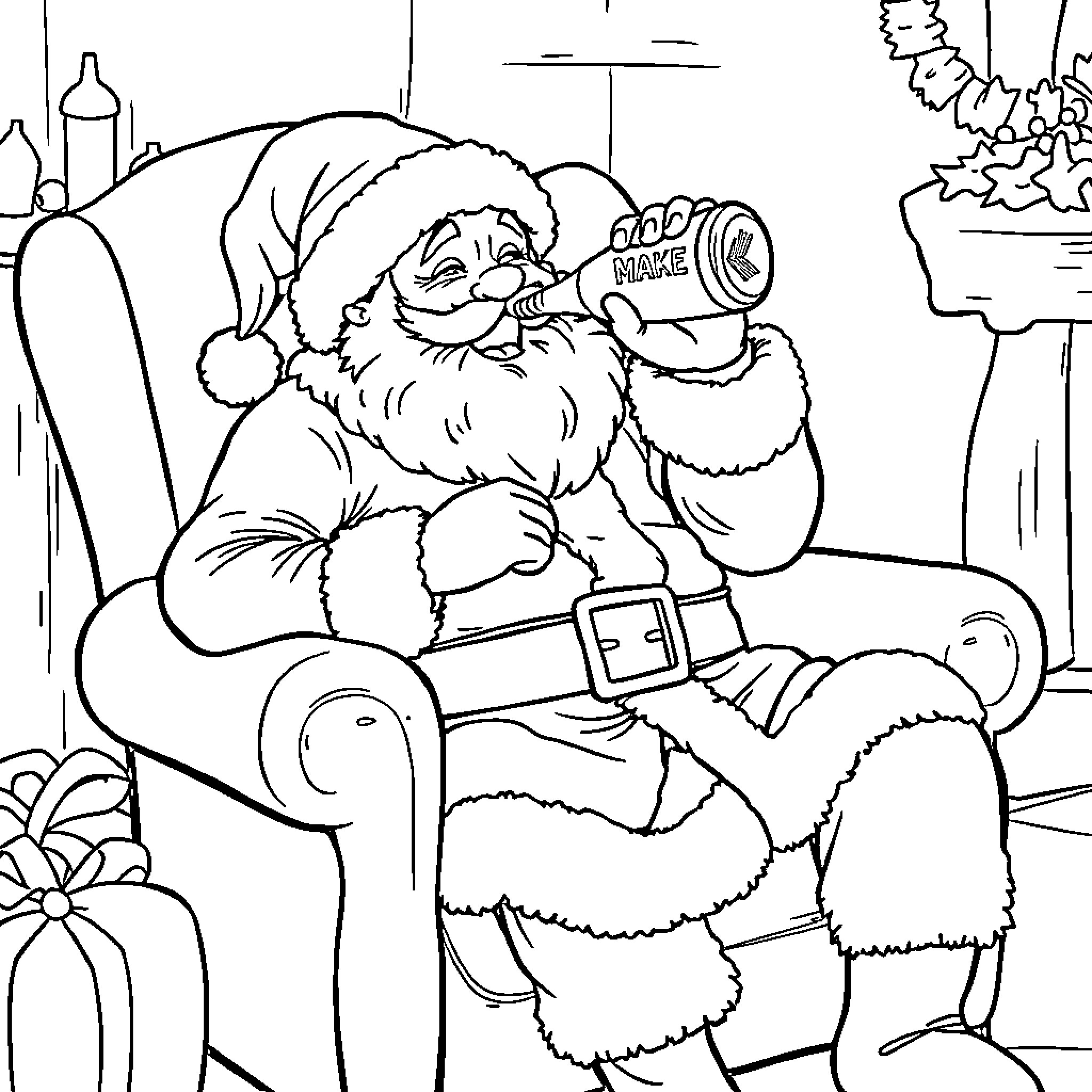 Santa Claus relaxing with a drink in his cozy home Coloring Page (free black-and-white line drawing printable PDF for all, from beginners to advanced learners, including children, teens, adults, and seniors)