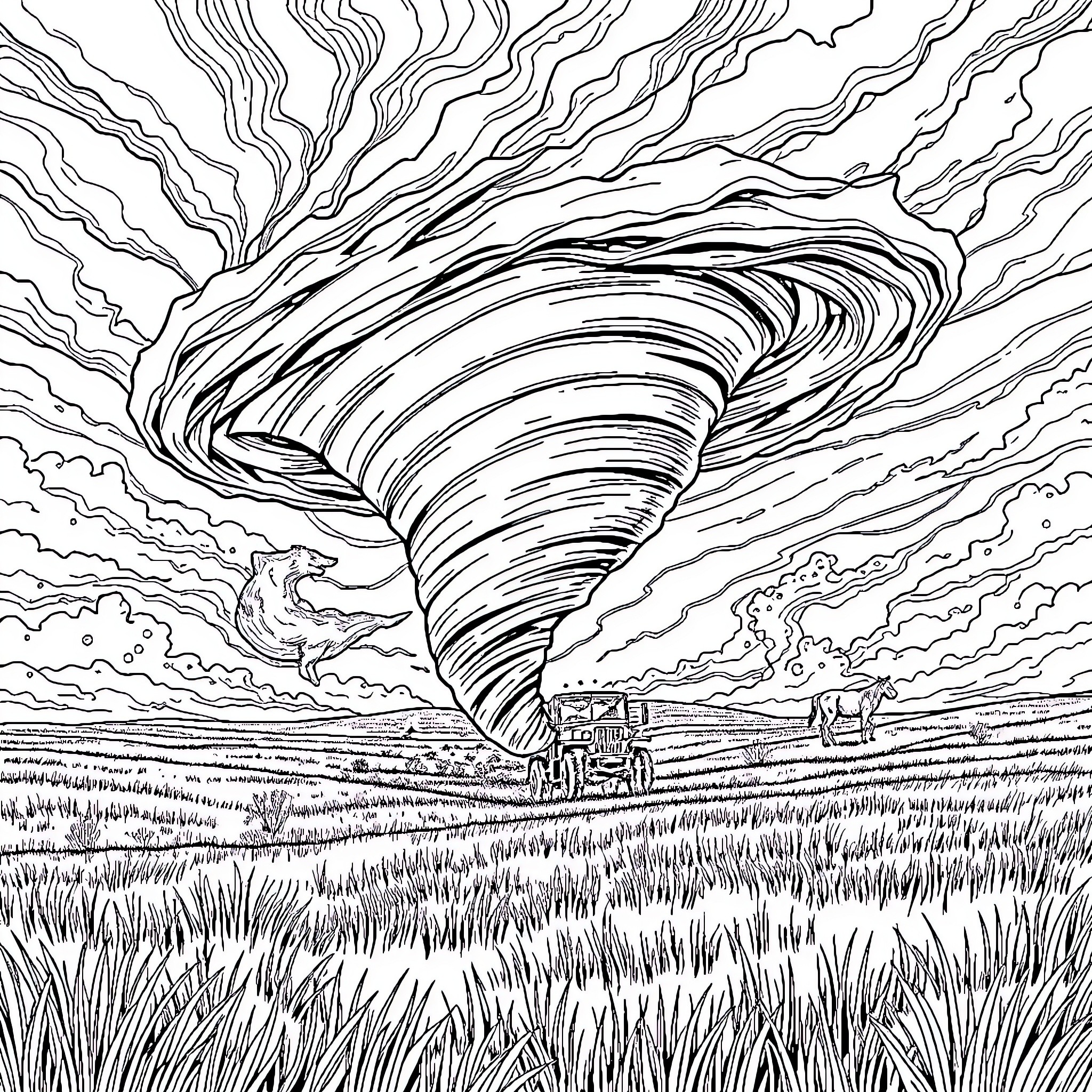 Tornado Sweeping Across the Countryside Coloring Page (free black-and-white line drawing printable PDF for all, from beginners to advanced learners, including children, teens, adults, and seniors)