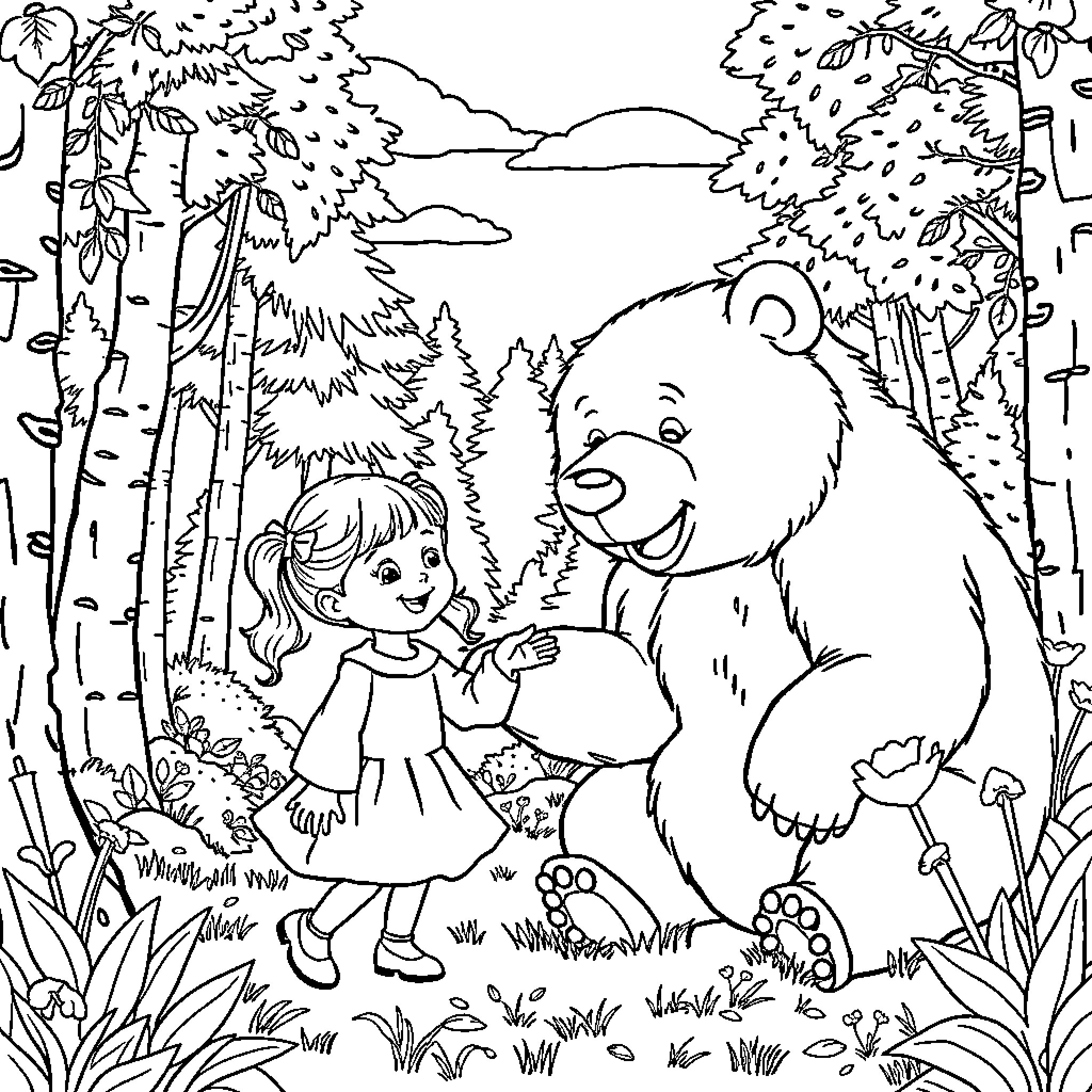 Mascha and the friendly bear in the forest Coloring Page (free black-and-white line drawing printable PDF for all, from beginners to advanced learners, including children, teens, adults, and seniors)