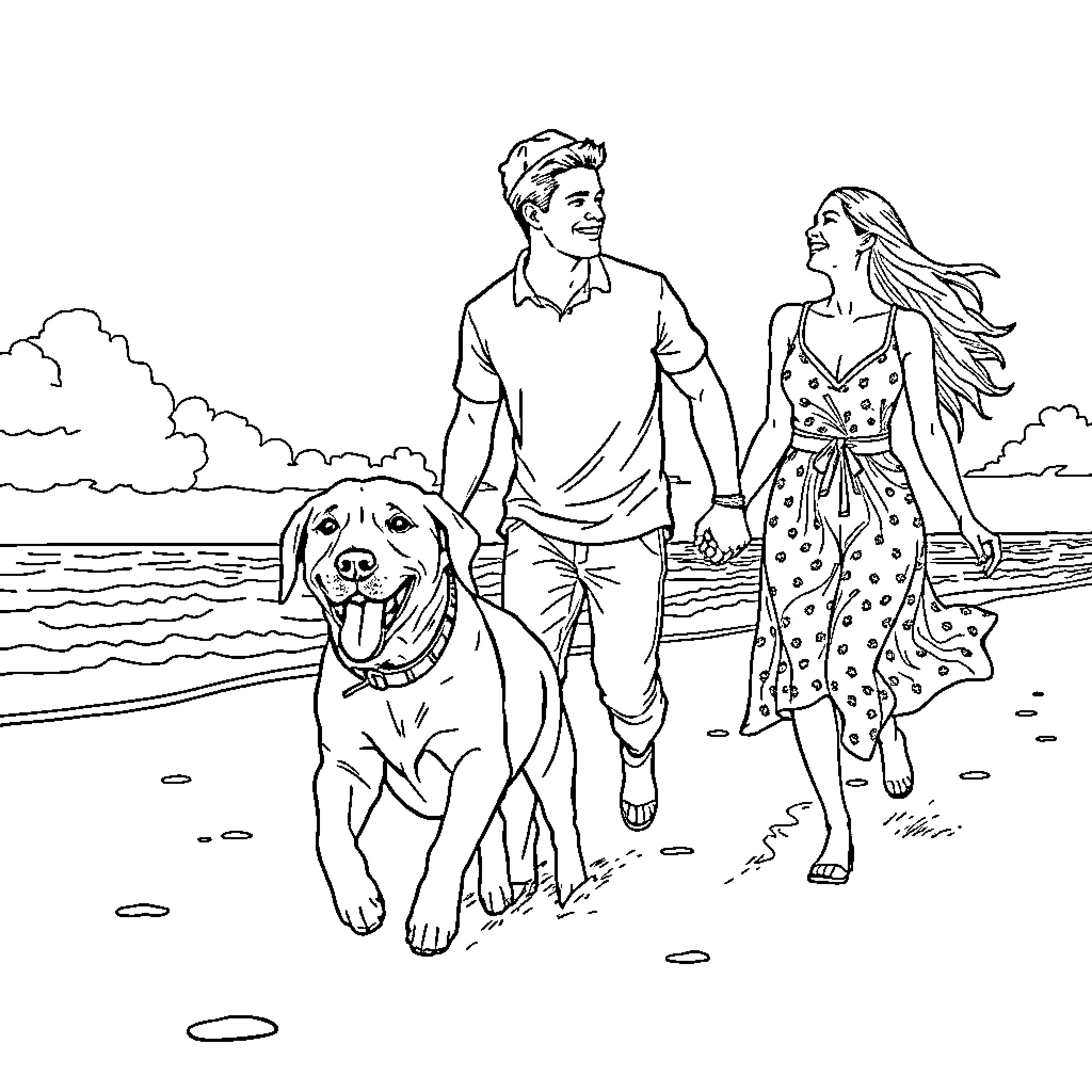 Labrador enjoying a beach day with couple Coloring Page (free black-and-white line drawing printable PDF for all, from beginners to advanced learners, including children, teens, adults, and seniors)