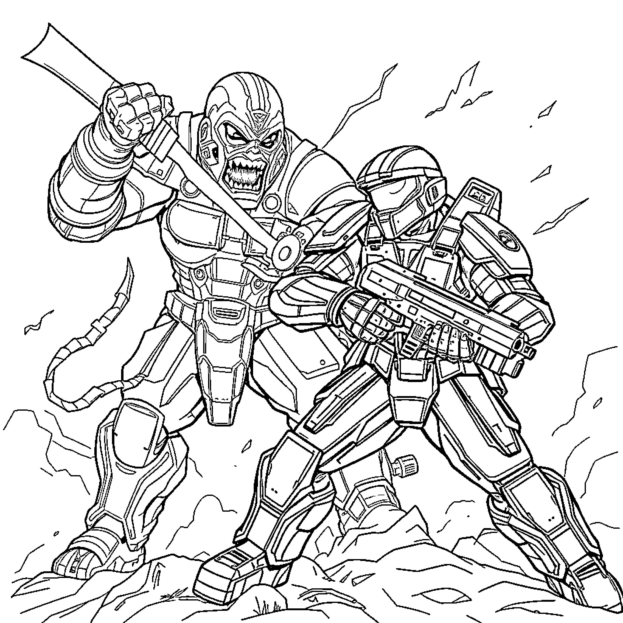 Master Chief in Epic Battle with Futuristic Foe Coloring Page (free black-and-white line drawing printable PDF for all, from beginners to advanced learners, including children, teens, adults, and seniors)