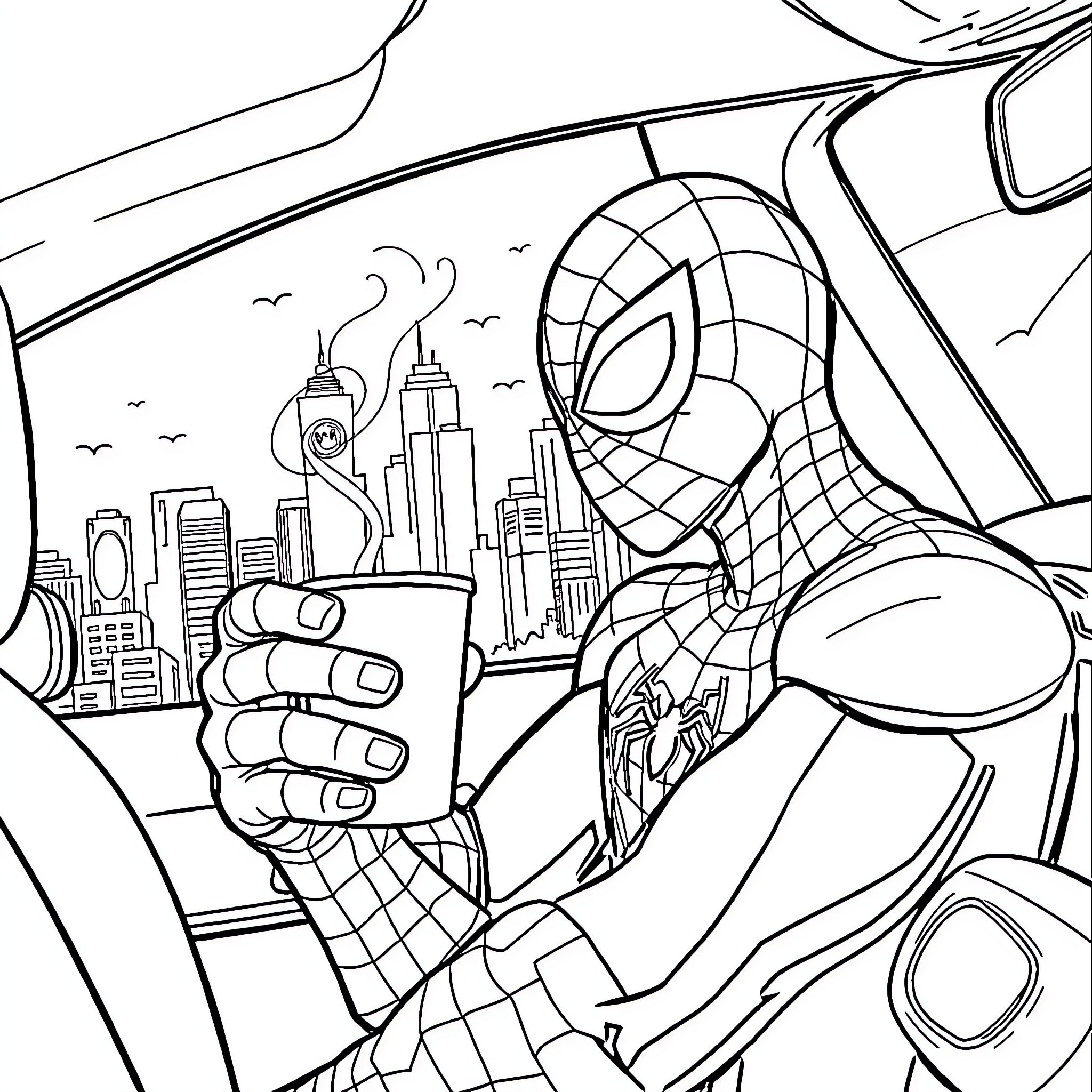 Spider-Man swinging through the city skyscrapers Coloring Page (free black-and-white line drawing printable PDF for all, from beginners to advanced learners, including children, teens, adults, and seniors)