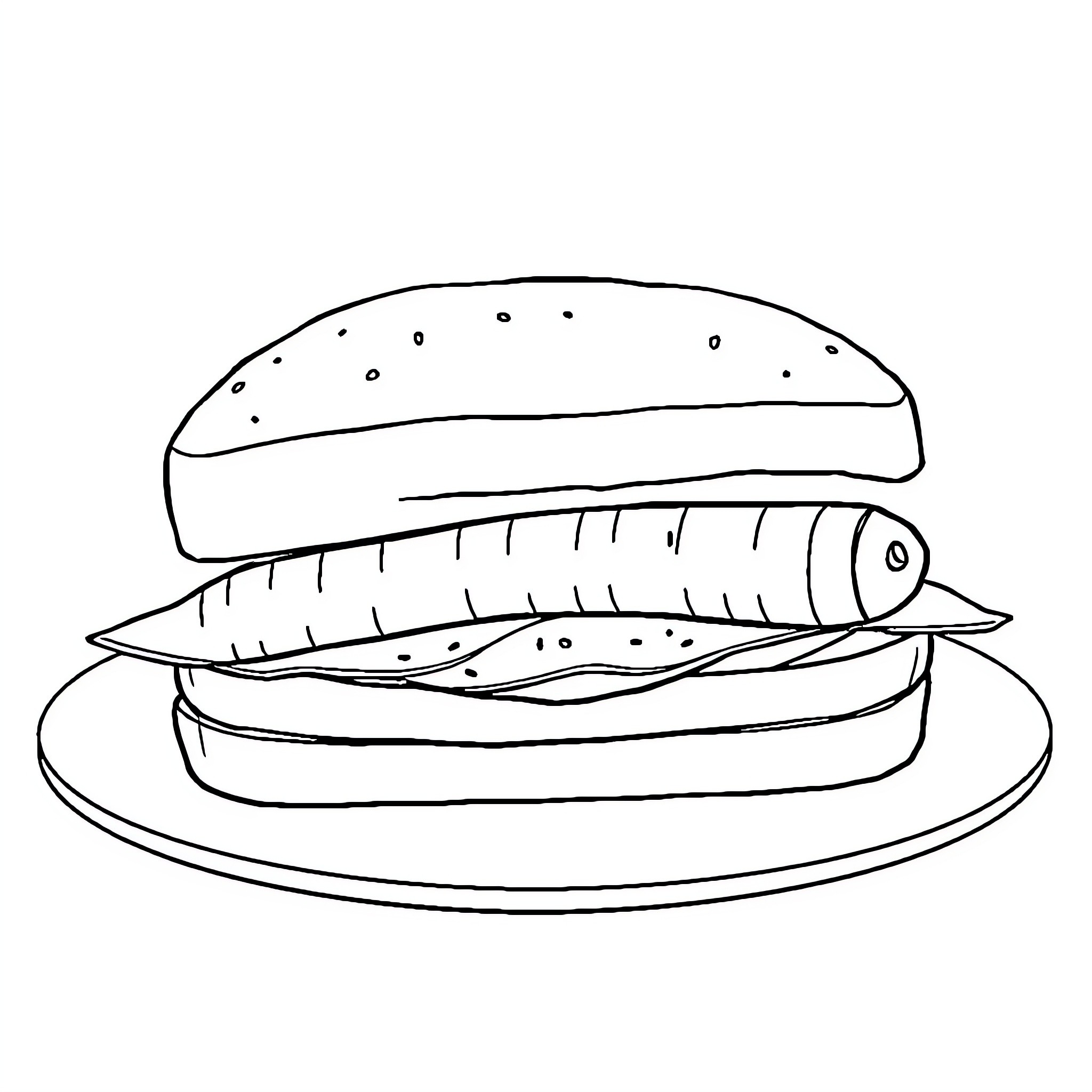 Sandwich with grilled fish on plate Coloring Page (free black-and-white line drawing printable PDF for all, from beginners to advanced learners, including children, teens, adults, and seniors)
