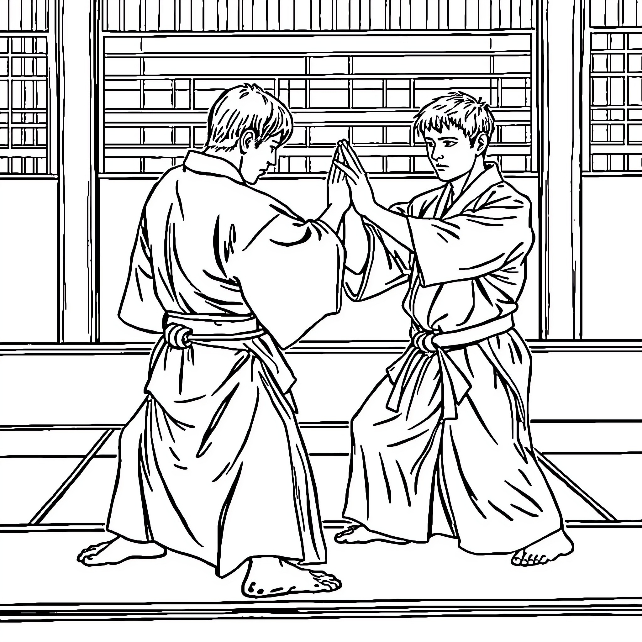 Aikidoka practicing martial arts techniques in a traditional setting Coloring Page (free black-and-white line drawing printable PDF for all, from beginners to advanced learners, including children, teens, adults, and seniors)